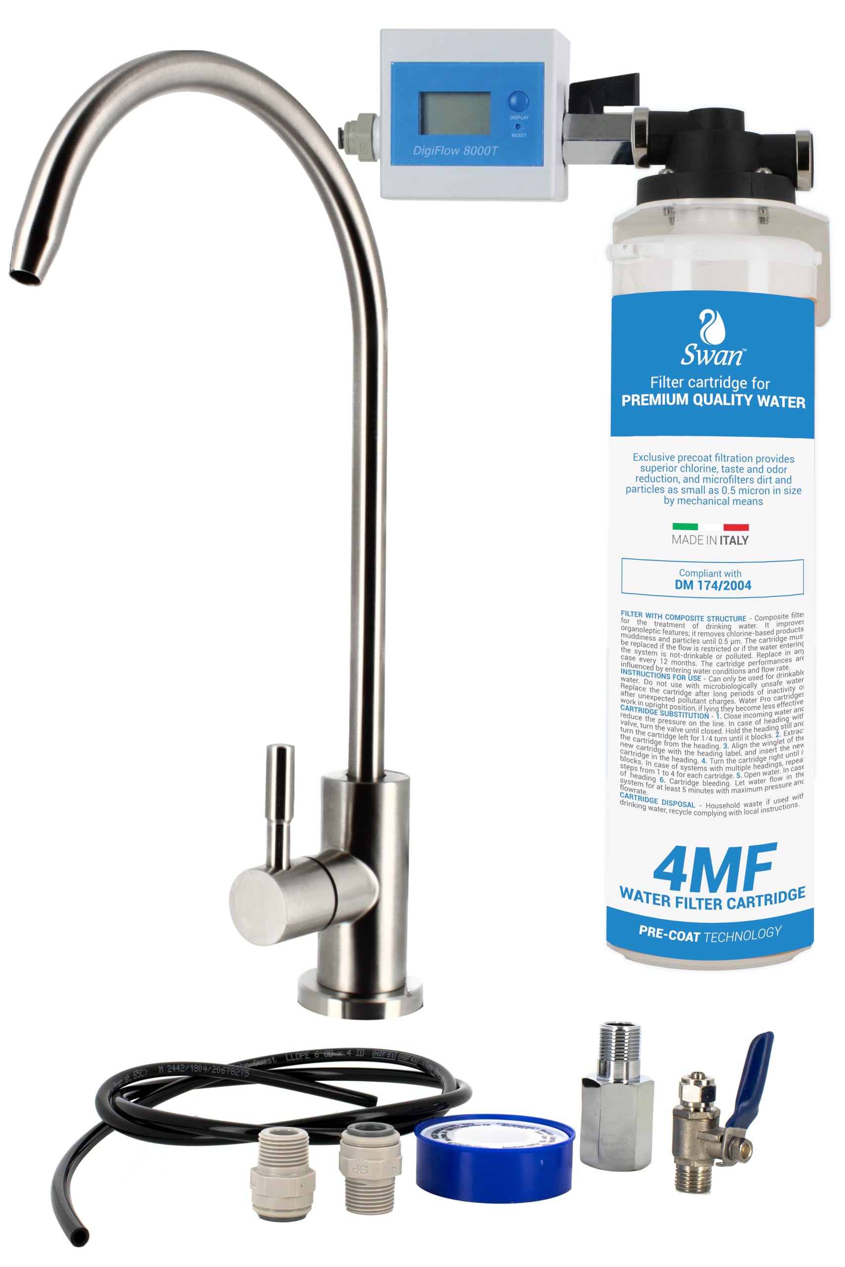 Sistema Filtraggio Acqua Sottolavello 4MF – Rimozione Calcare Cloro Sedimenti – Testa QL1, Rubinetto 1 Via – Kit Filtrazione Completo con Tubi e Raccordi – Facile Installazione