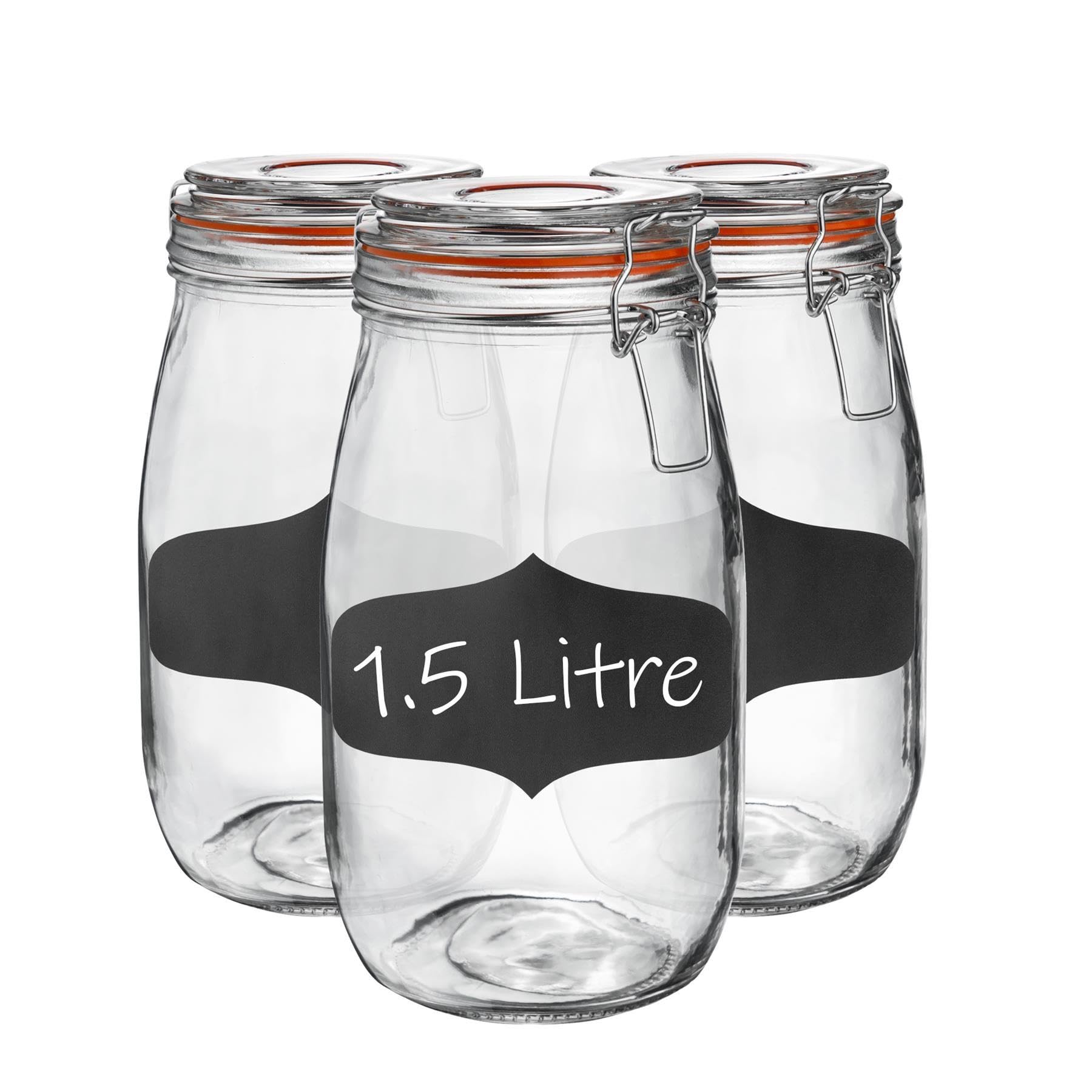 Argon Tableware Glass Jars with Airtight Metal Clip Lid & Chalkboard Stickers - 1500ml/50.7oz - 3 Pack - 4 Colour Seals - Round Container Preserving Jar for Pickling, Chutney, Jam, Coffee