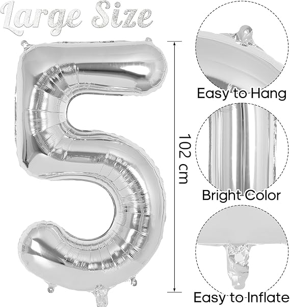 xesha Number 5 Birthday Balloon Birthday Silver Color Flying Balloon 102cm Birthday and Party Decoration Large Size Foil Helium Flying Balloon Age Number 5