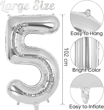 xesha Number 5 Birthday Balloon Birthday Silver Color Flying Balloon 102cm Birthday and Party Decoration Large Size Foil Helium Flying Balloon Age Number 5