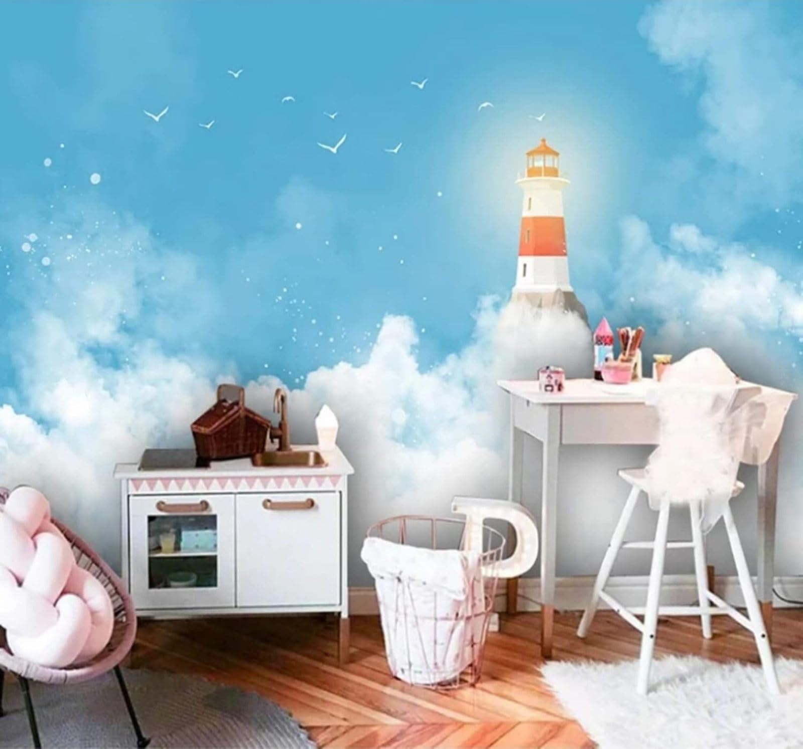XLMING Blue Sky White Clouds Lighthouse Birds in Flight Scenery 3D Wallpaper Luxury Silk Study Dining Feature Sofa Grey Bedroom Living Room Tv Decorative Wall-300cm×210cm