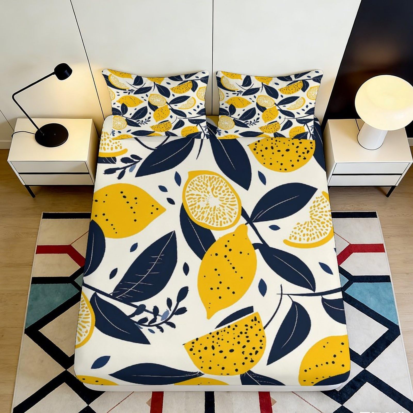 Pnayamiorkfel Style-1 3D Printed Lemon Botanical Fitted Sheet Microfiber Non-Slip Bed Sheet Yellow Blue Decor For Bedroom Guest Room 90X200x25cm