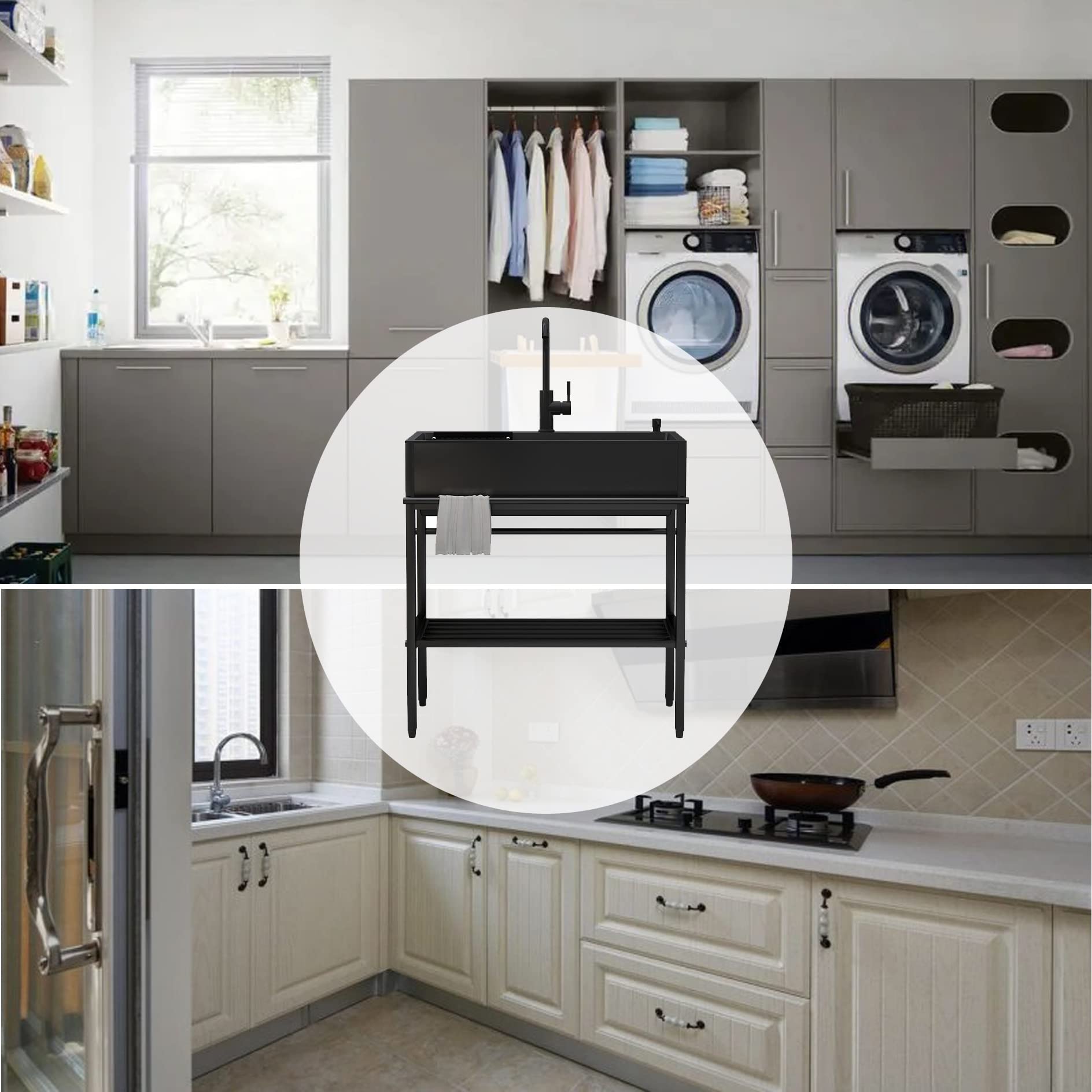Lavello Cucina 1 Vasca,Mobile Lavabo Esterno Acciaio Inox 304,con Rubinetto E Cestello Allungabile,Distributore Di Sapone,Lavandino Nero Multifunzione,per Bar Garage Ristorante Lavanderia (Size : 80*