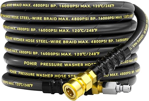 3/8" Pressure Washer Hose 25ft 4800PSI, Power Washer Hose Steel Wire Braided with Swivel Quick Connect, Commercial Grade Industrial High Pressure Water Washing Hose 4800PSI, 25FT