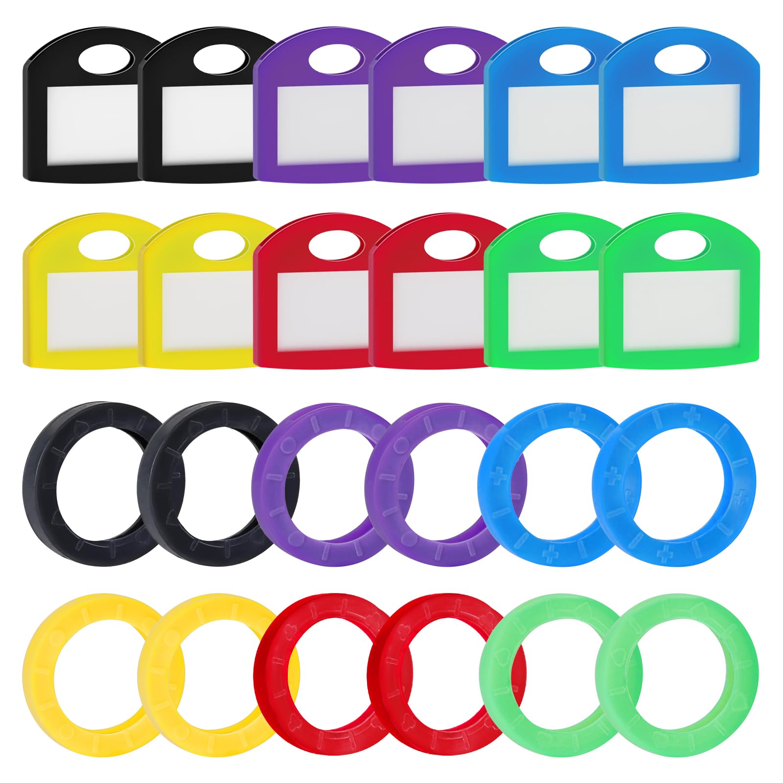 Uniclife 12 Pack Round Key Caps Covers and 12 Pack Key Cap Tags with Blank Paper Labels & Clear Windows Colorful Key Identifiers Protectors for Regular Flat House Keys (Not for Odd-Shaped Keys)