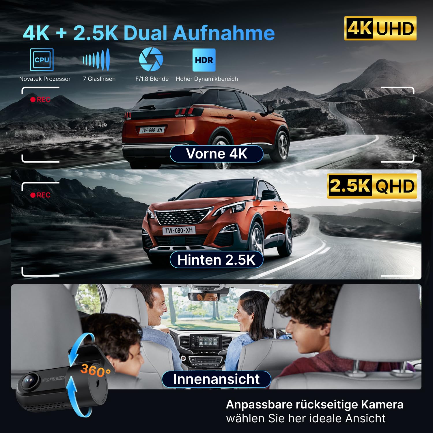 Miofive Dual Auto Kamera,Dashcam Auto mit 4K,2160 * 1440,Dash Cam Auto 5.8GHz WiFi mit 32GB SD Karte, Dual hinten Dashcam mit Nachtsicht, GPS, HDR, G-Sensor, Loop-Aufnahme, APP Steuerung, Max 512GB