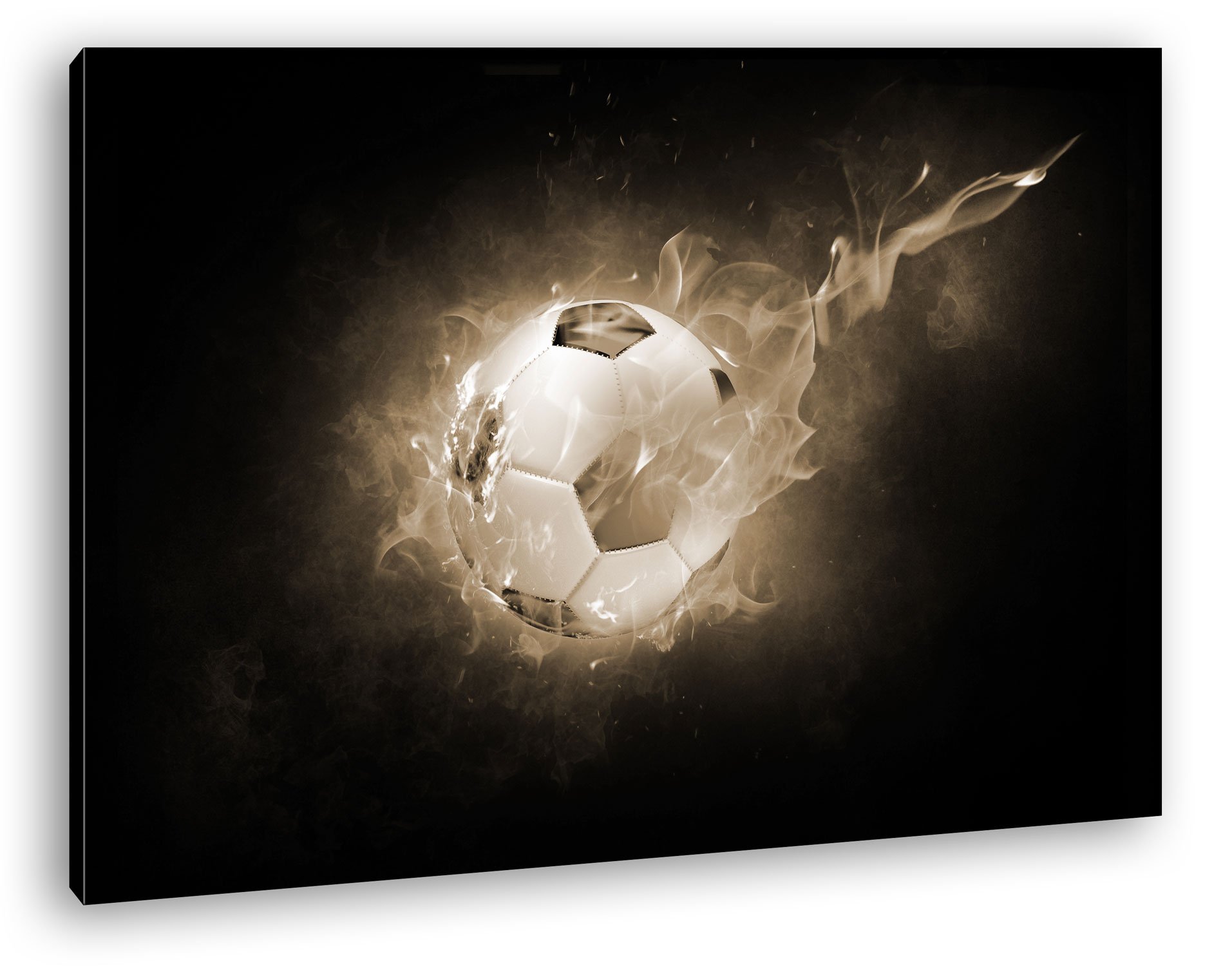 Pallone da calcio scura in formato 100 x 70 effetto: Seppia su tela, motivo già incorniciato su telaio in vero legno, stampa digitale di alta qualità con cornice, senza poster o poster