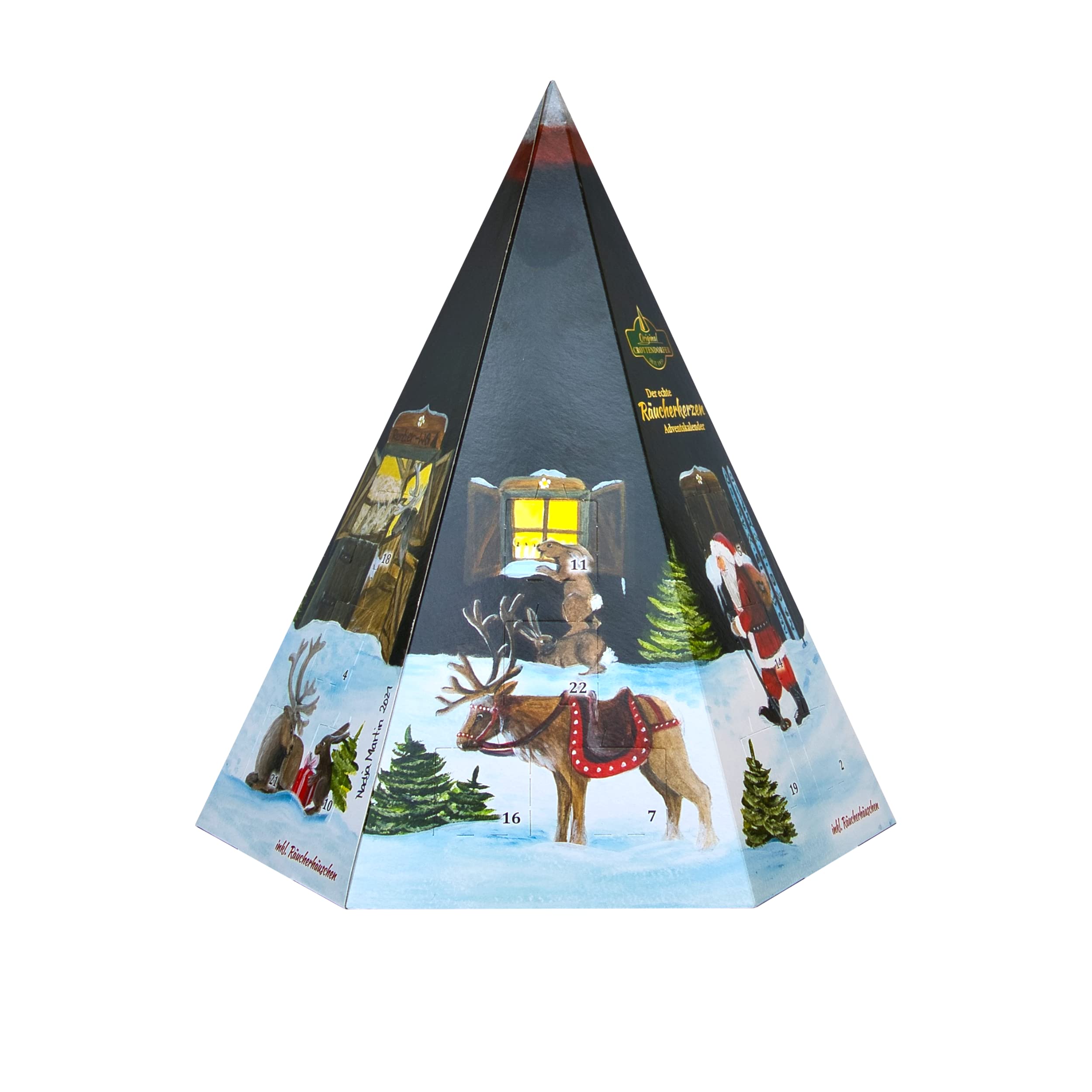 Der echte Räucherkerzen Adventskalender Pyramide mit Räucherhäuschen aus Metall und Original Crottendorfer Räucherkerzen