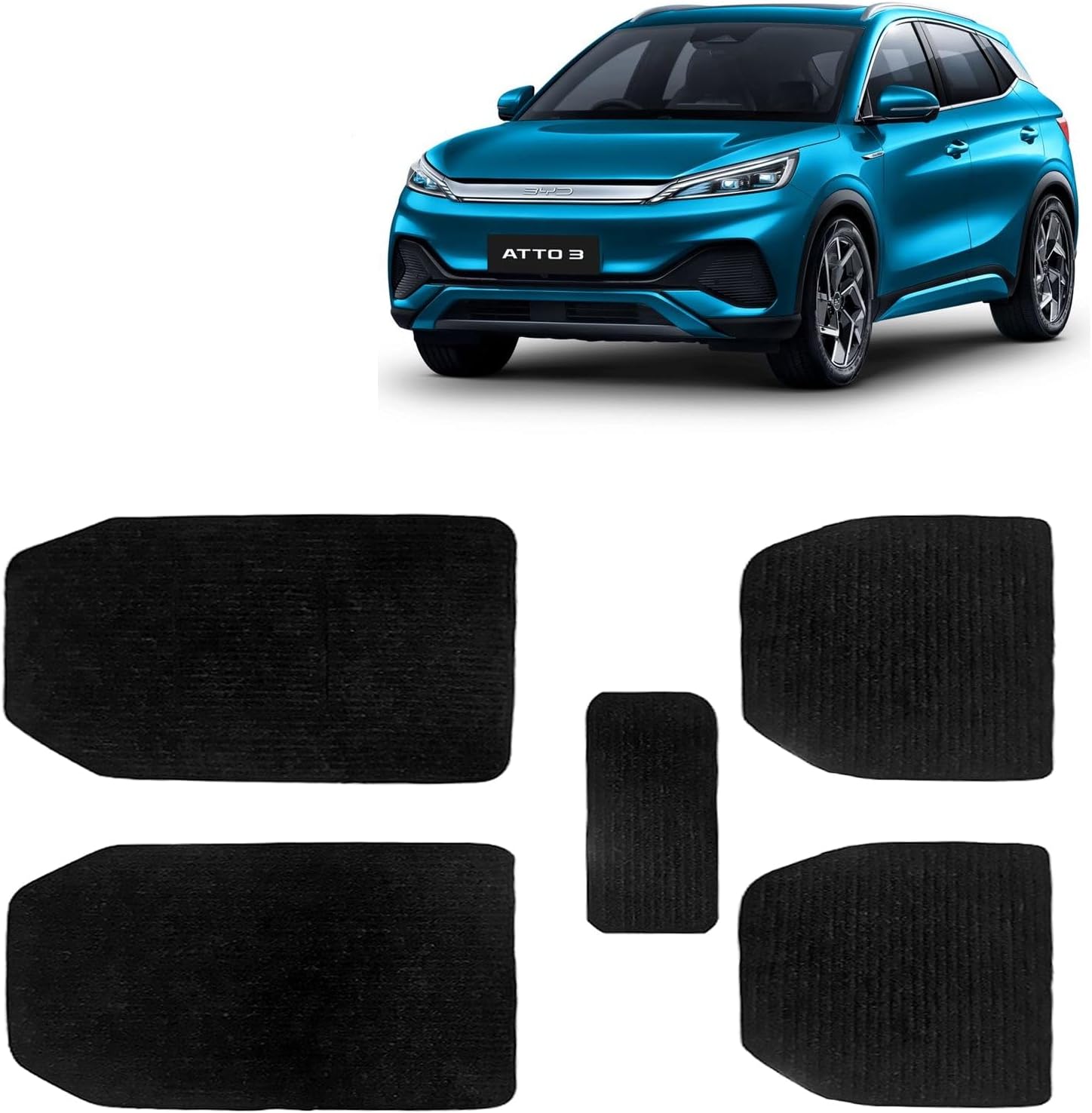 Kingsway Carpet Style Universal Car Mats for BYD ATTO 3, 2022 Onwards Model, Black Color Anti Slip Car Floor Foot Mats, Complete Set of 5 Piece, Premium Series