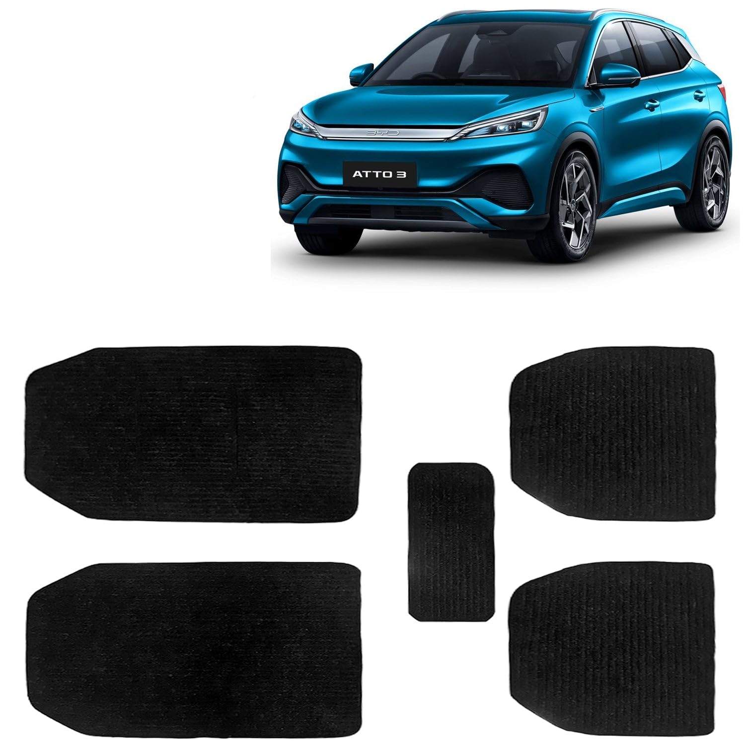 Kingsway Carpet Style Universal Car Mats for BYD ATTO 3, 2022 Onwards Model, Black Color Anti Slip Car Floor Foot Mats, Complete Set of 5 Piece, Premium Series