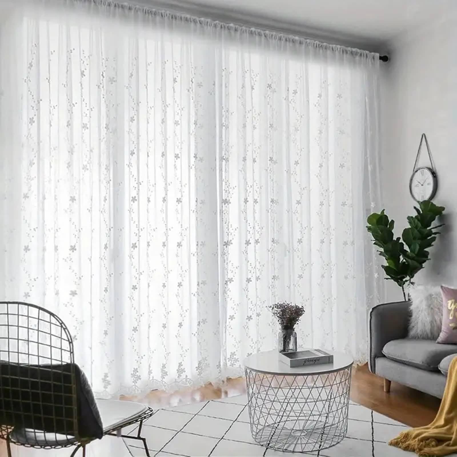 Wycian Bellissime tende in poliestere semitrasparente bianco con fiori ricamati, 102 x 138 cm (larghezza x altezza)