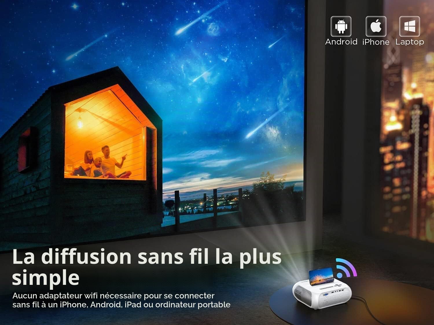Rétroprojecteur Bluetooth WiFi Videoprojecteur Portable 1080P Full HD Mini Projecteur Vidéo Portatif pour iPhone Android Smartphone PC PS4 TV PPT Home Cinéma Haut-Parleurs Intégrés Cadeau de Noël