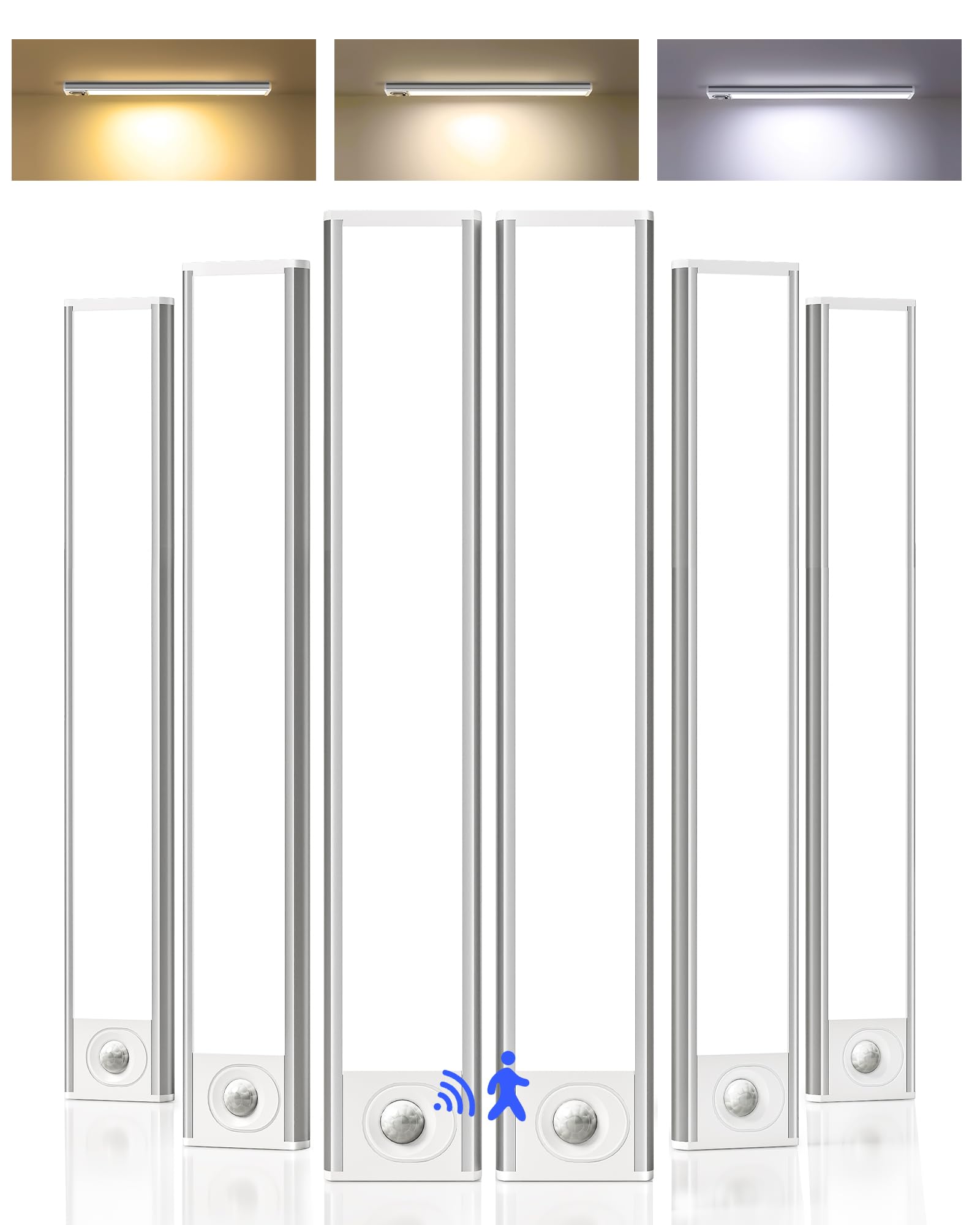 Lot de 6 éclairages sous armoire, 30,5 cm rechargeables avec détecteur de mouvement, lampes de placard à piles 1800 mAh, avec intensité variable et 3 températures de couleur, lumières sous comptoir