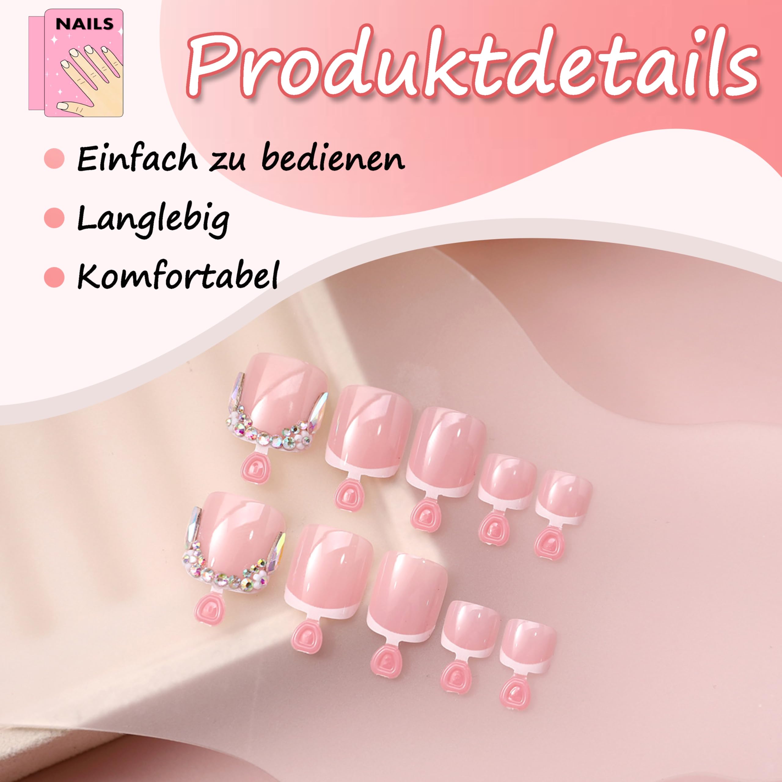 24 sztuki francuskich paznokci do pedicure, brokatowe, krótkie, kwadratowe, francuskie paznokcie, całkowicie zakrywające końcówki paznokci, dla kobiet, 12 rozmiarów (białe paznokcie)