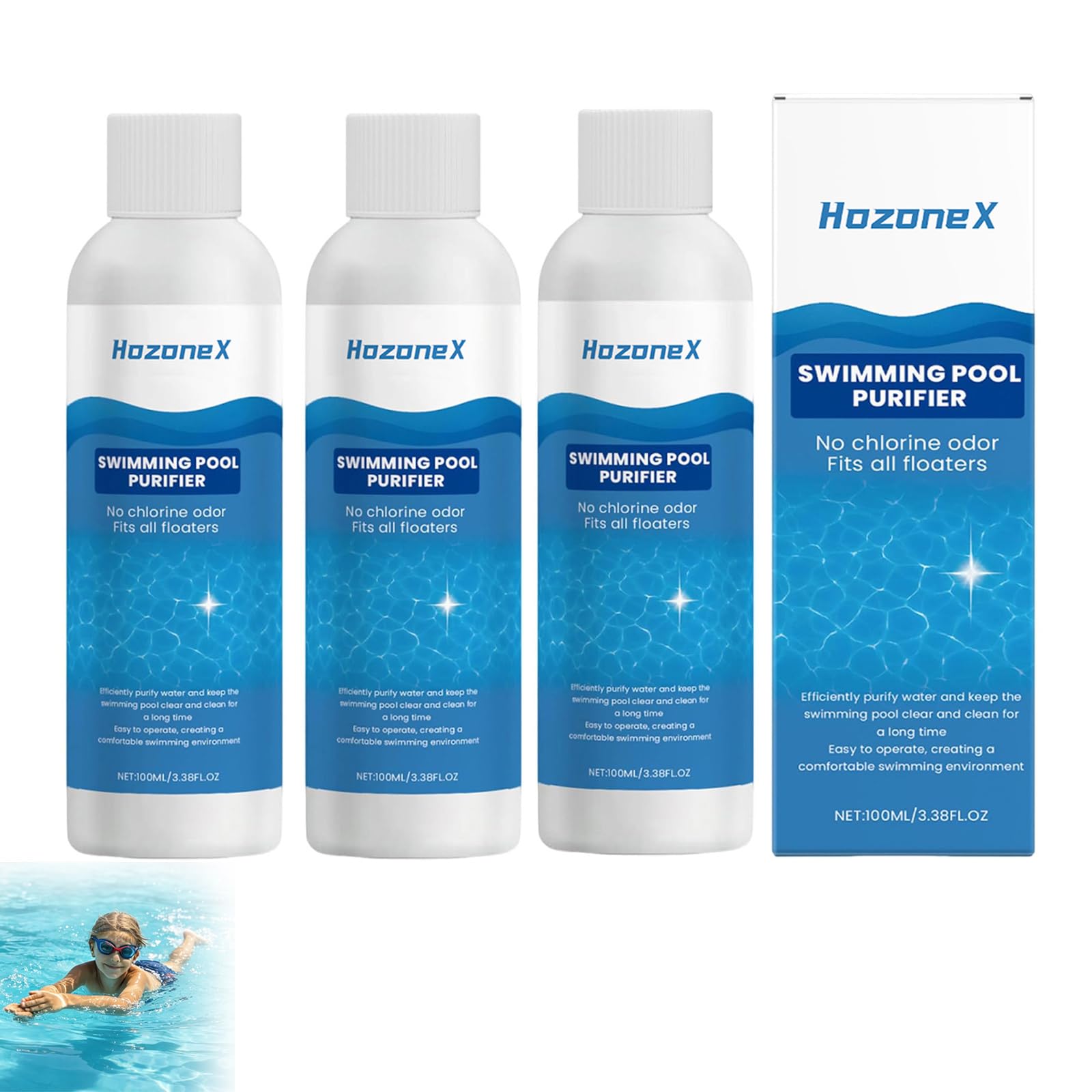 Hozonex Schwimmbad Reiniger, Pool Wasserreiniger für kristallklares Wasser, effektiver Pool Klärer zur Trübungsentfernung, für Aufstellbecken, Gartenpool, Whirlpool (3 Artikel)