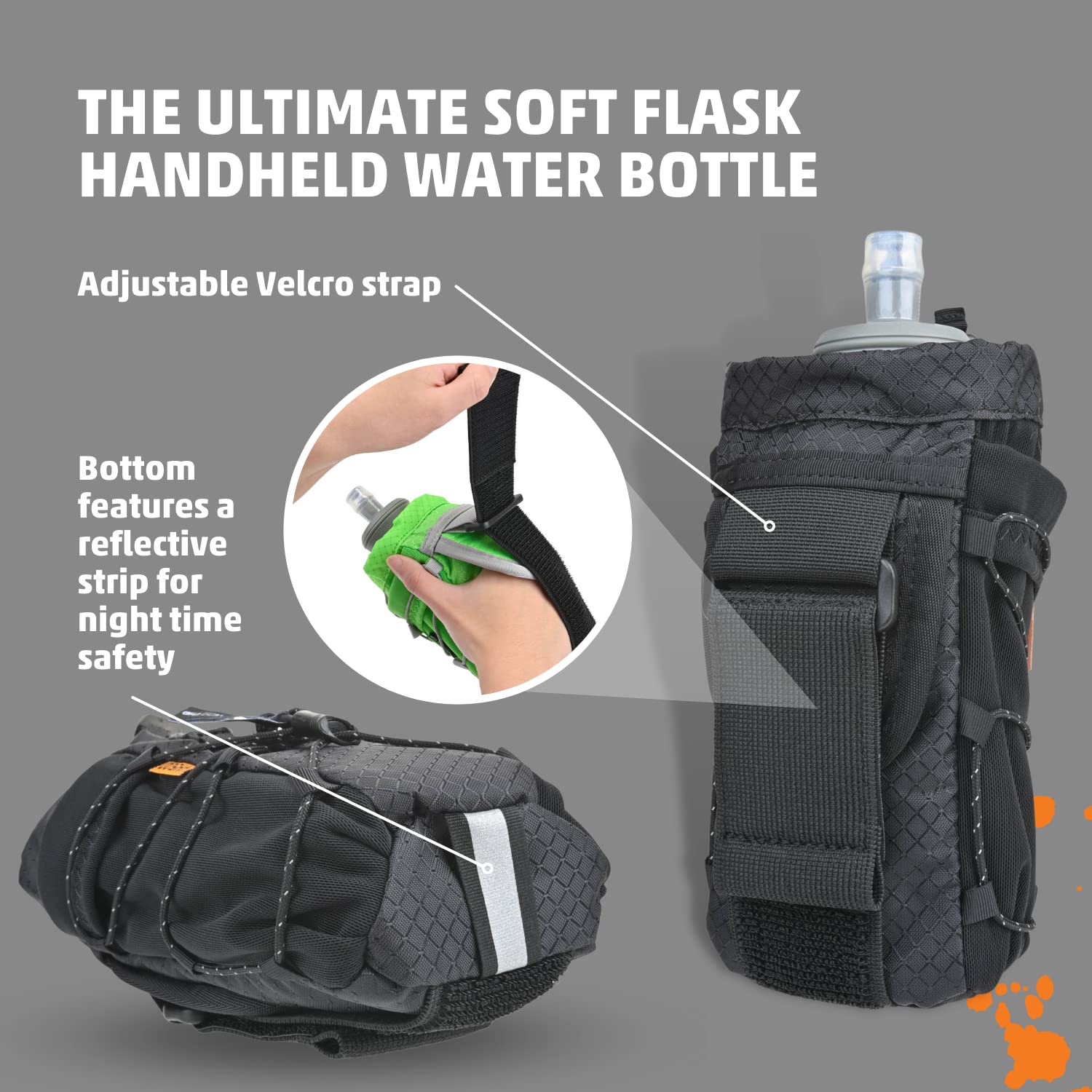 Orange Mud Soft-Flask 500ml Handheld Running Flask - No‑Bounce, Easy Grip & Lightweight Nylon for Road & Trail Running - Black