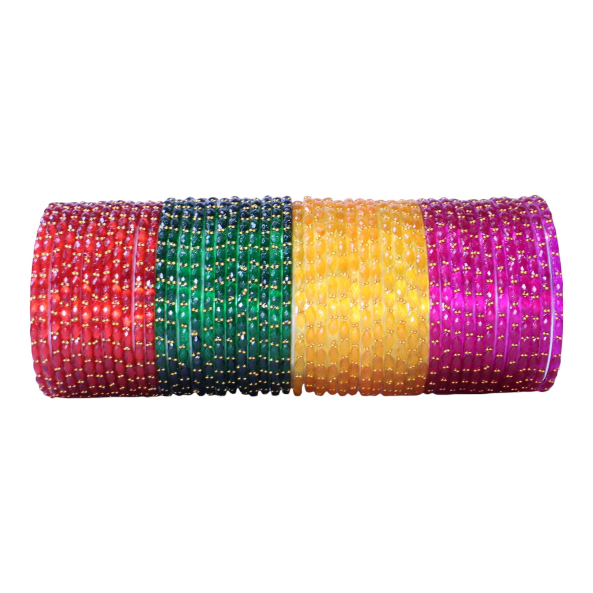 Glass Raindrop Bangles Set, 4 Colours with Golden Ball Work, Traditional Indian Wedding Festival Wear
