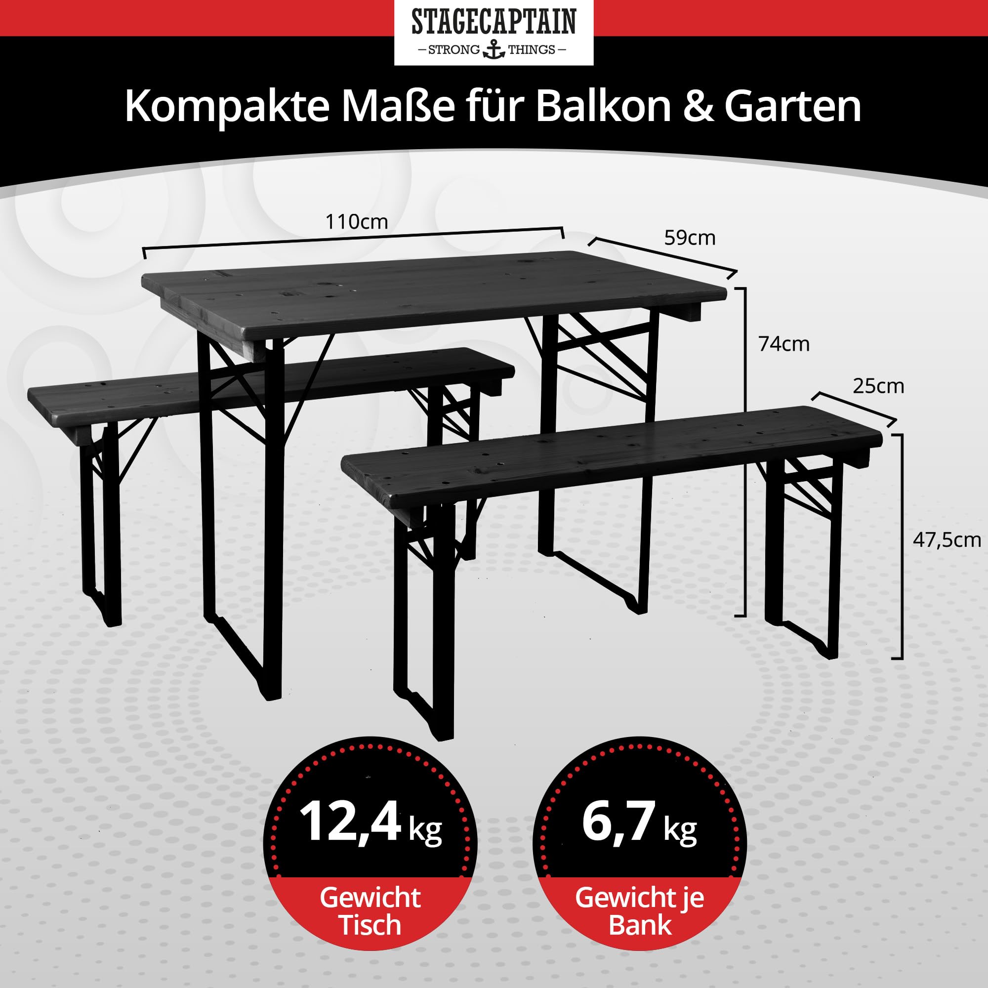 Stagecaptain BBEU-110GY Hirschgarten Bierzeltgarnitur für Balkon - Kurze Version mit 110 cm Länge - Klappbare Festzeltgarnitur 2X Tisch 4X Bank - Sitzgarnitur aus Holz - Innen & Außenbereich - Grau