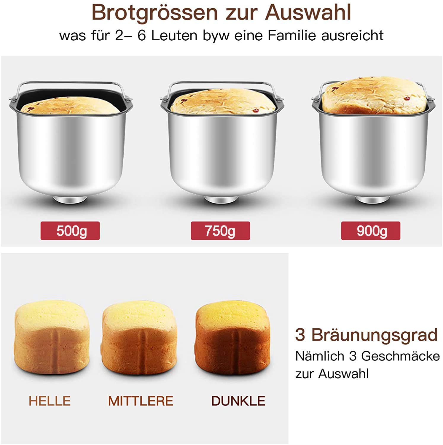 COOCHEER Brotbackautomat mit Kapazität bis zu 900 g, intelligente und automatische Programme, 3 Brotgrößen, 550 W, 36 x 22 x 30 cm, silber
