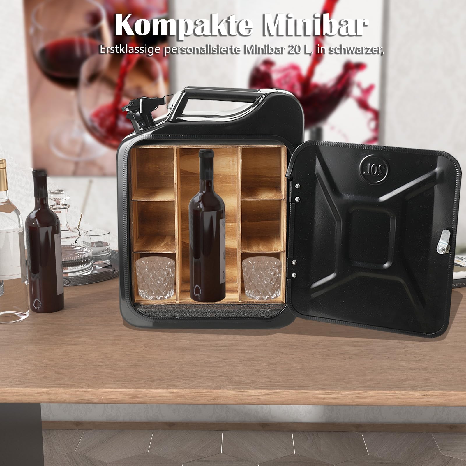 20L Kanister Mini Bar, Schwarzer Whiskey Bar Schrank Jerry Can Mobile Bar, Geburtstagsgeschenk für Männer personalisierte Geschenke für Männer, Abschließbarer Minibar, 34x16x46 cm
