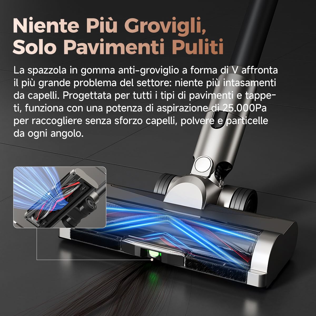 uwant Aspirapolvere Senza Fili Potente con Svuotamento Automatico V500 25000Pa CleanSync Leggero e Station Compatta Luce Verde 60° Micron Dust Detection Spazzola V Antigroviglio 5 Livelli Filtrazione