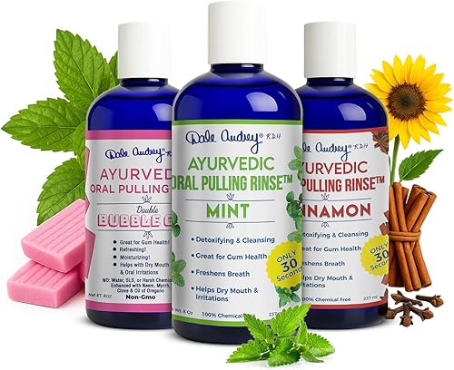 Dale Audrey Aceite de sésamo orgánico para dientes y encías  Fabricado en Estados Unidos, paquete de 3 sabores de menta, canela y goma de mascar de