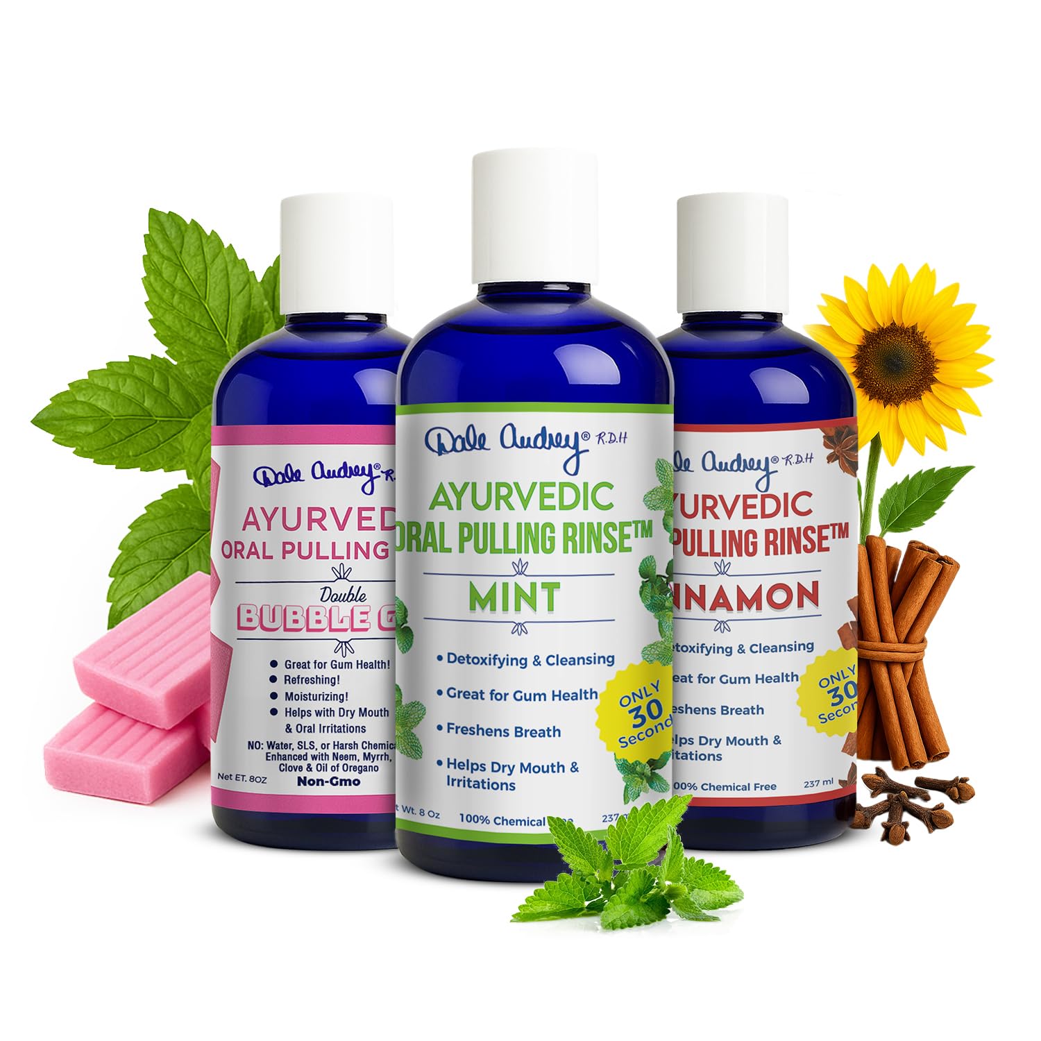 Dale Audrey Ayurvedic Organic Oil Pulling for Teeth and Gums | Oral Rinse Alcohol Free Mouthwash Essential Oils for Bad Breath | Healthy Gums Teeth & Fresh Breath (8 Fl Oz (Pack of 3), Variety Pack)