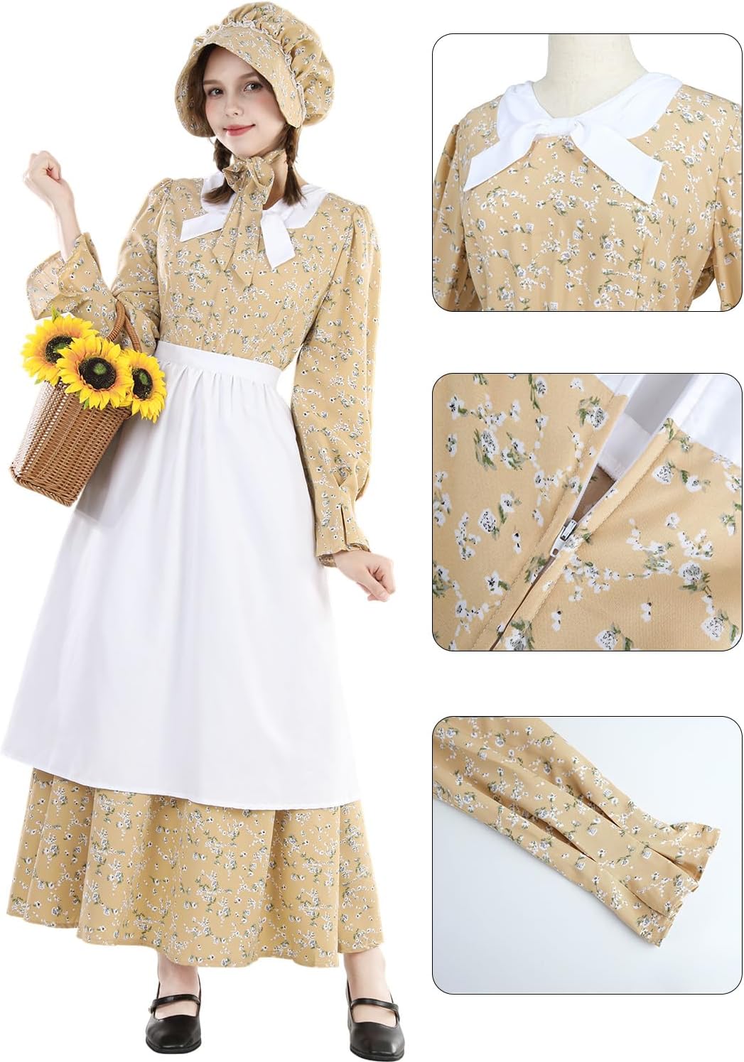 CR ROLECOS Colonial Prairie Dress Women Floral Amish Dresses Pilgrim Costume