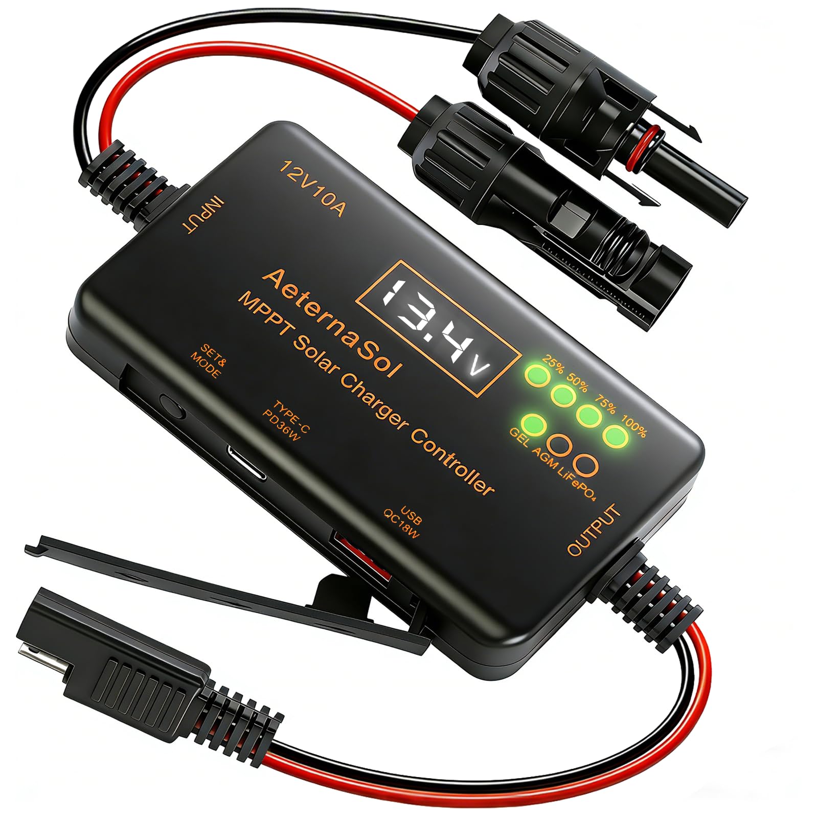 AeternaSol MPPT Solar Charge Controller 12V 10A Solar Panel with LCD Display Charge Controller for Gel AGM Lithium LiFePO4 Batteries Charge Controllers Compatible with Type-c and USB（12v/10A） - 2