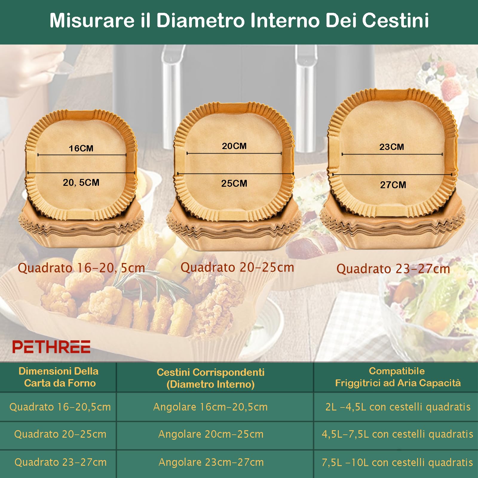 Carta Forno per Friggitrice ad Aria 8-10L XXL, 100 Pezzi Senza BPA 23-27cm Carta Spessa Accessori Contenitori Fogli Vaschette Air Fryer Paper Quadrata Impermeabile Antiolio