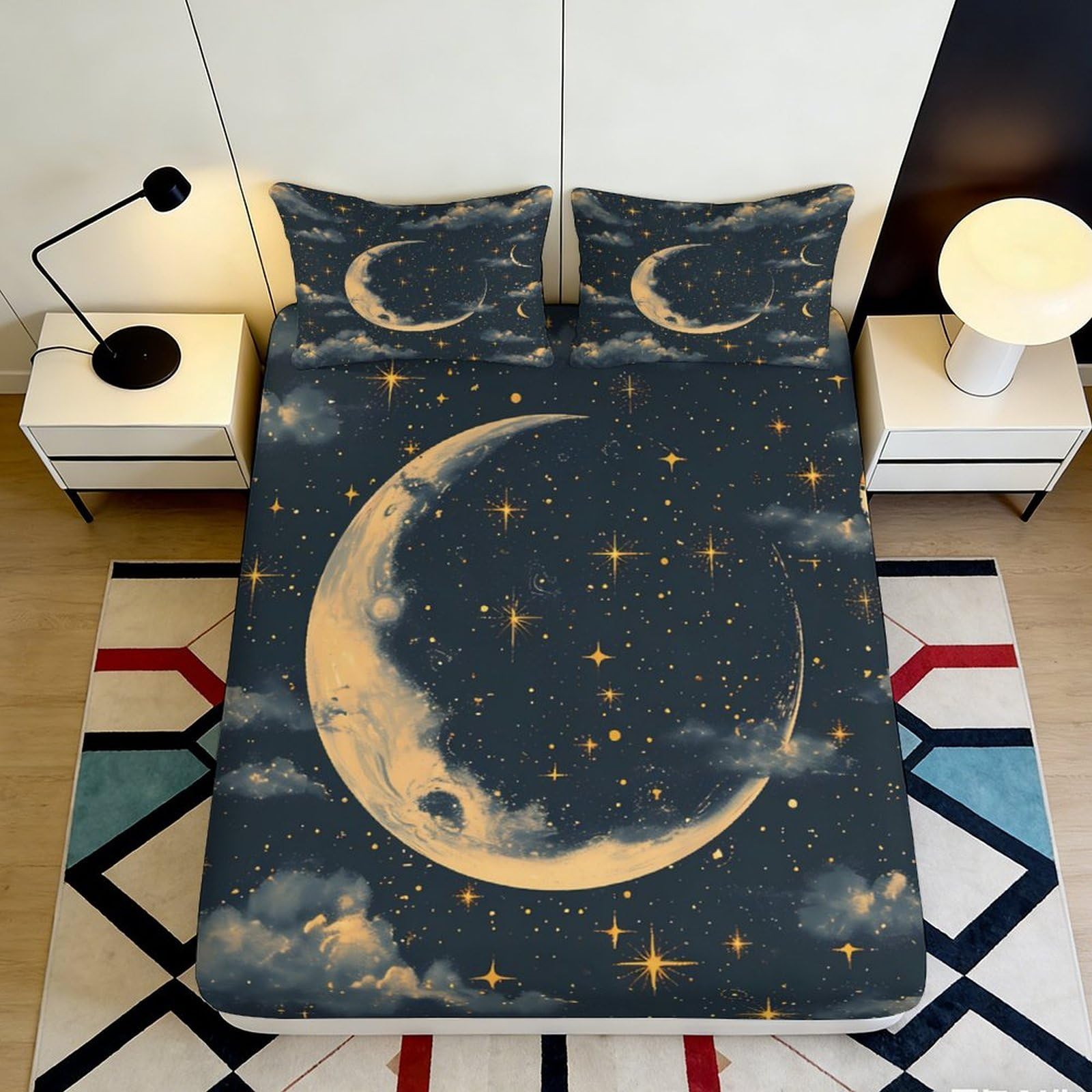 3D Printed Moon Starry Night Fitted Sheet Microfiber Non Slip Clouds Mattress Cover for Bedroom Guest Room Decor 140x200x25cm