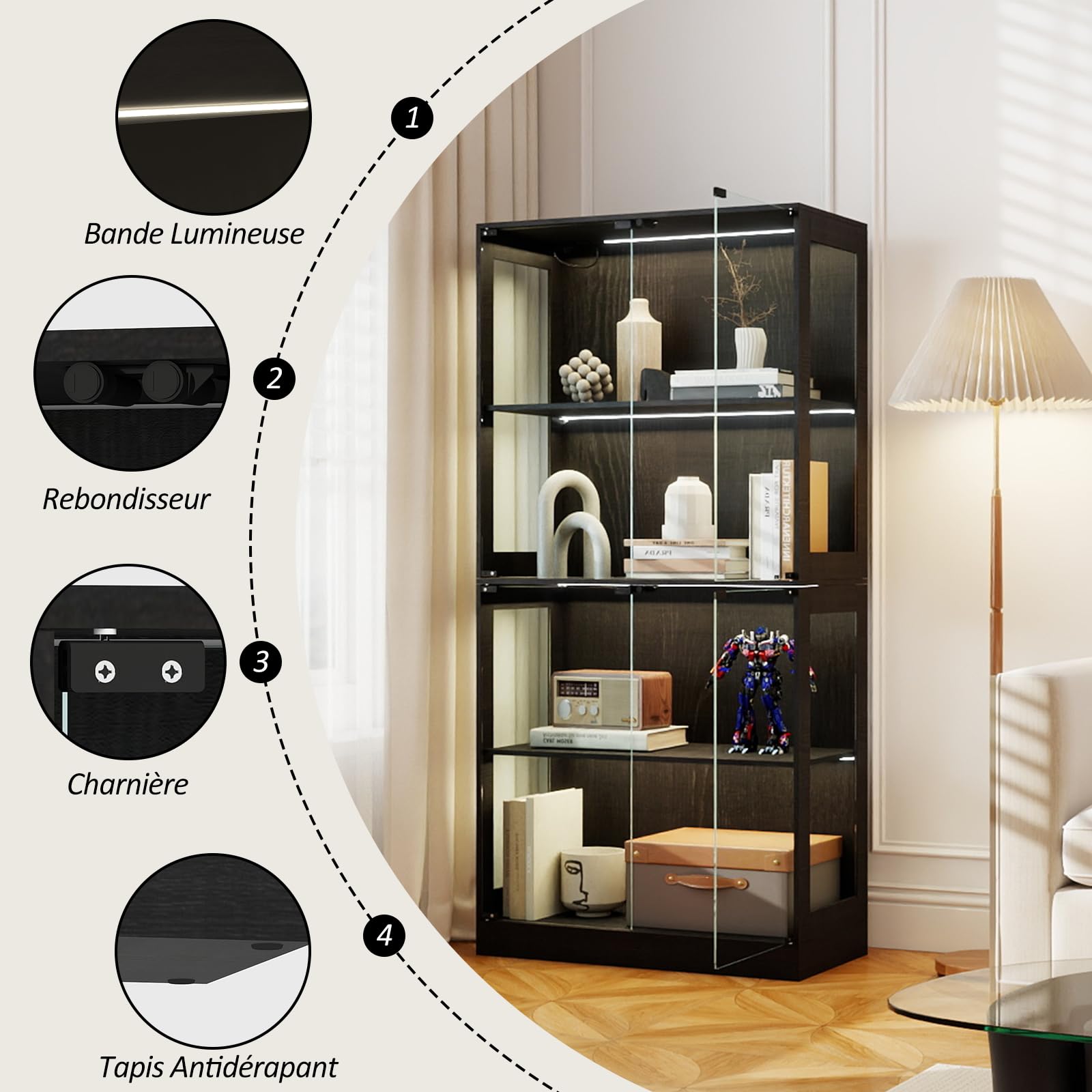 YU YUSING Vitrina Cristal Expositora para Colecciones con LED, Negra