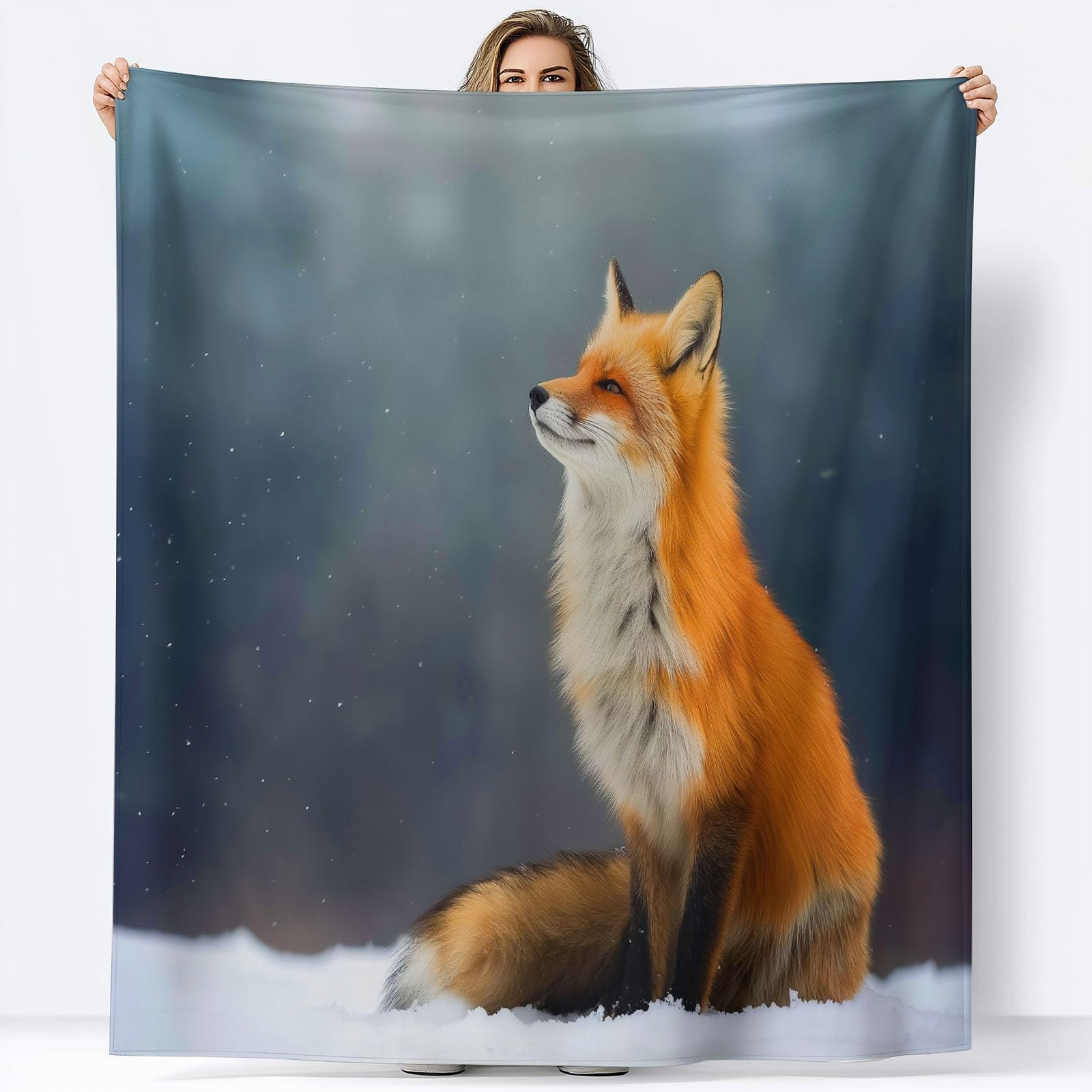 Générique Koc polarowy ze zwierzętami, śnieg, lis 180 x 200 cm, flanelowy koc polarowy, czarny, miękki, ciepły, lekki koce, do podróży, na łóżko lub sofę