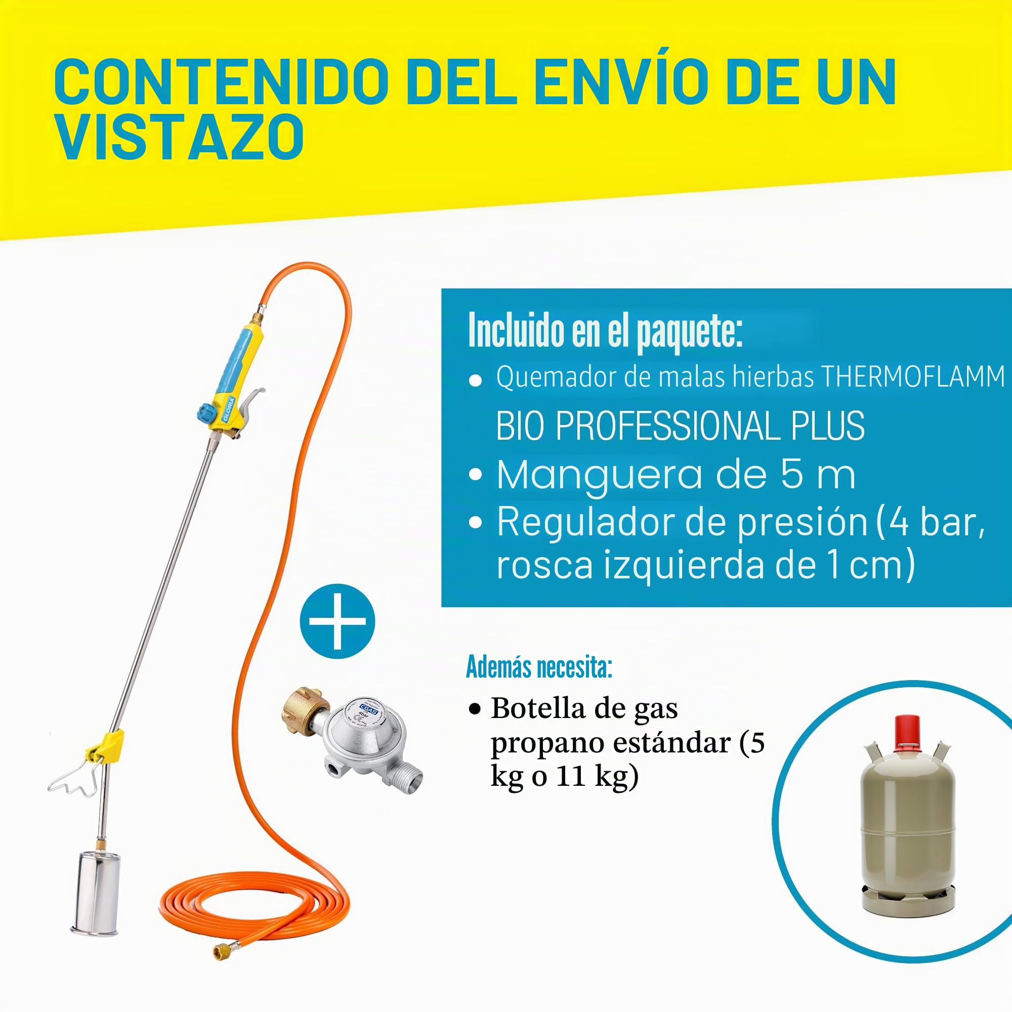 Gloria Bio Professional Plus - Juego de Quemador de Malas Hierbas a Gas, Potente y Duradero, para Grandes Superficies, conexión a Cartucho de Gas a presión, para la maleza del jardín y de los Caminos