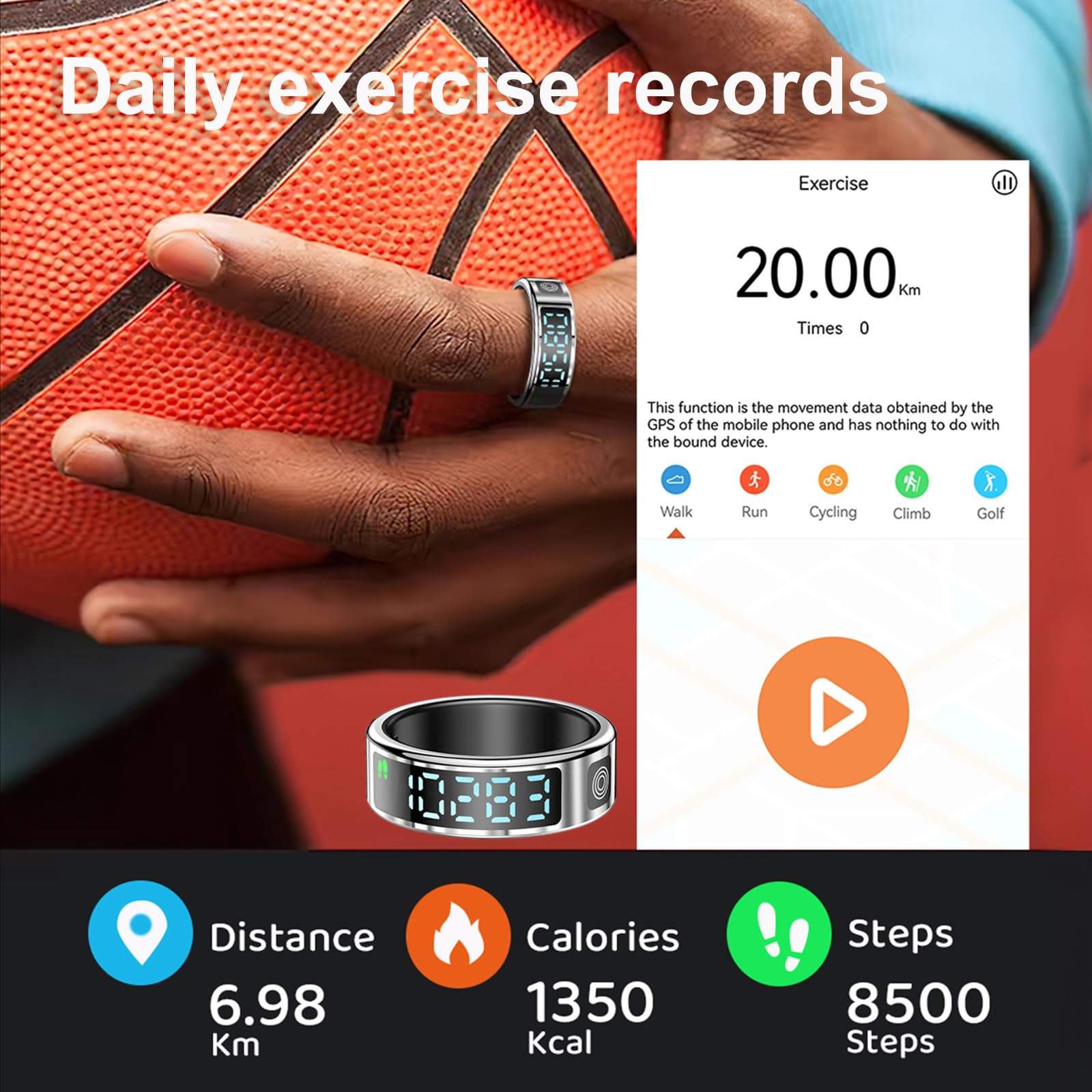 Smart Ring Touch - Bague de fitness - Pour homme et femme - Montre intelligente - Android iOS - Tracker de sommeil - Podomètre - Fréquence cardiaque - SpO2 - Étanche - Scrolling - Tracker d'activité
