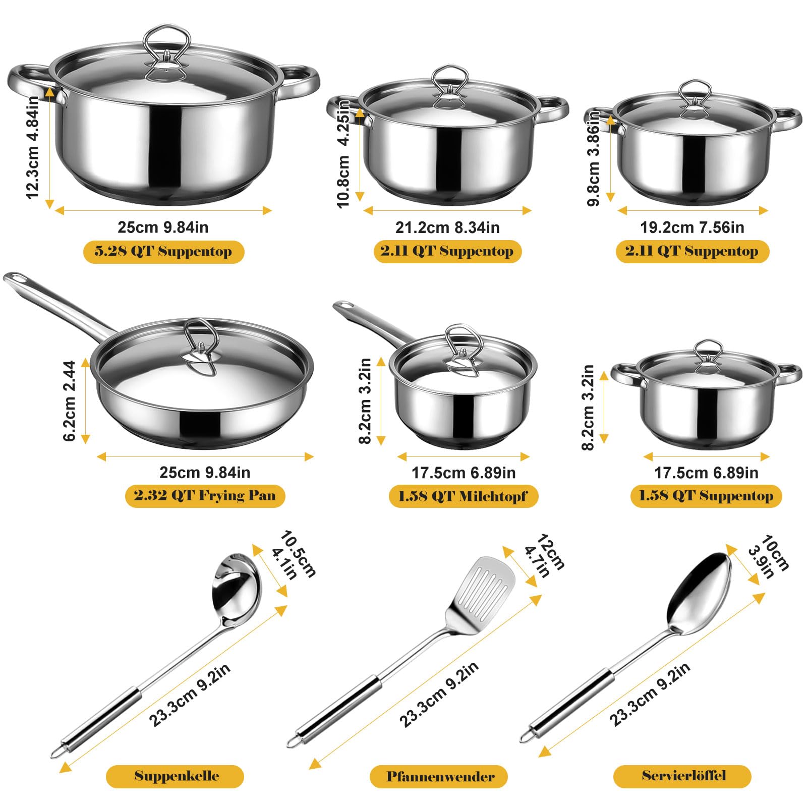 Hunnycook Topfset Induktion - 15-teilig, Starkbodig Edelstahl Töpfe Set, Inklusive Kochtöpfe, Bratpfanne und 3 Küchenhelfer, Feststehende Griffe, Geeignet für Alle Herdarten, Spülmaschinengeeignet