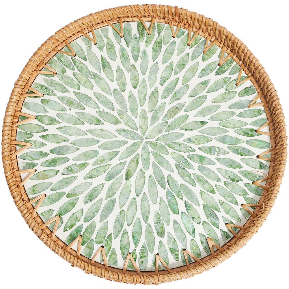CREATCABIN Vassoio Rotondo in Rattan Vassoio Portata in Rattan Intrecciato Base in Legno Cestino Intrecciato A Mano Cestino Decorativo in Vimini Vassoio Organizer Decorazioni Tavola 30x30x2.8cm
