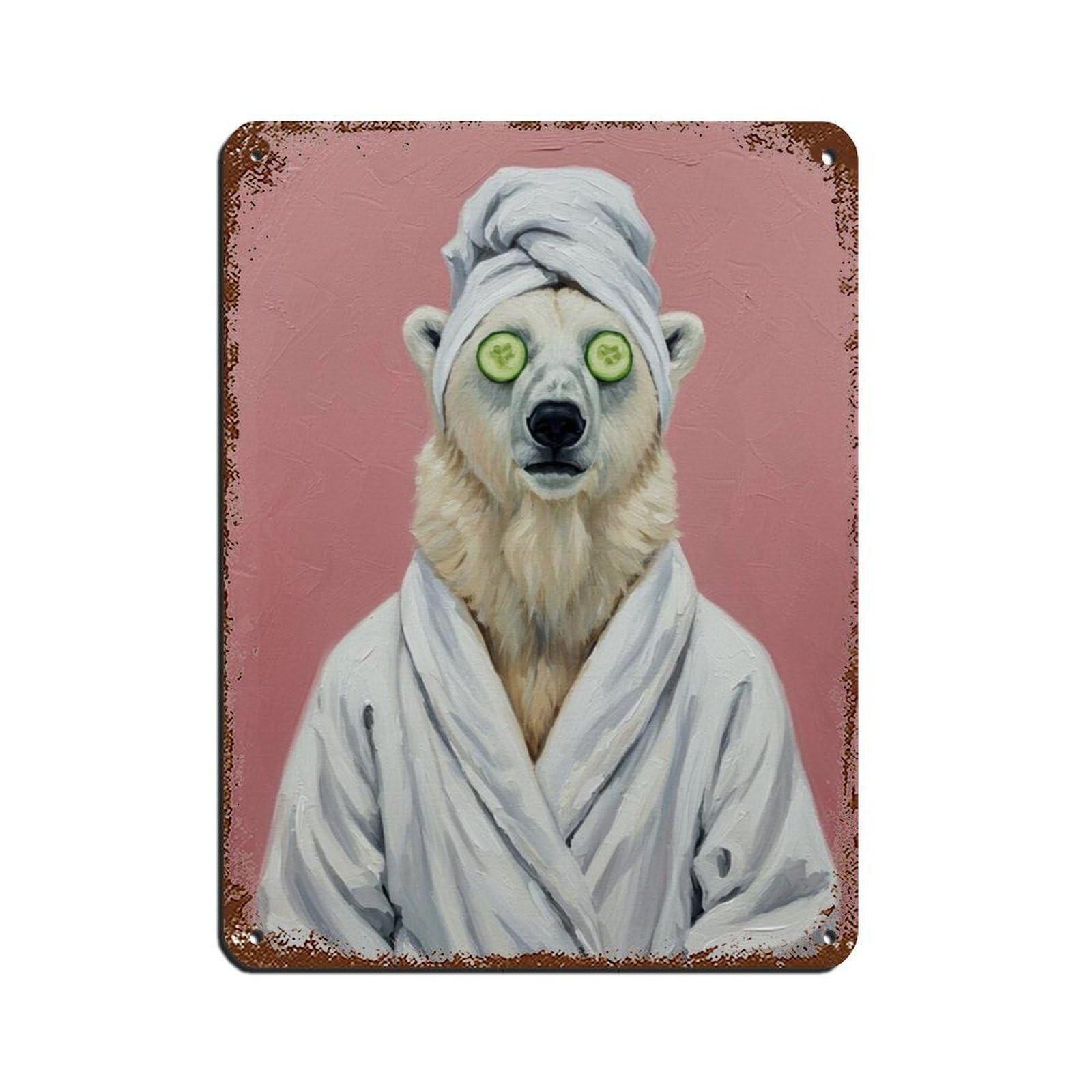 Bathroom Spa, Artic Animal in Bathrobe Headwrap Tin Sign Vintage Metal Pub Club Cafe Bar Home Wall Art Decoration Poster Retro 12x16inch(30x40cm)