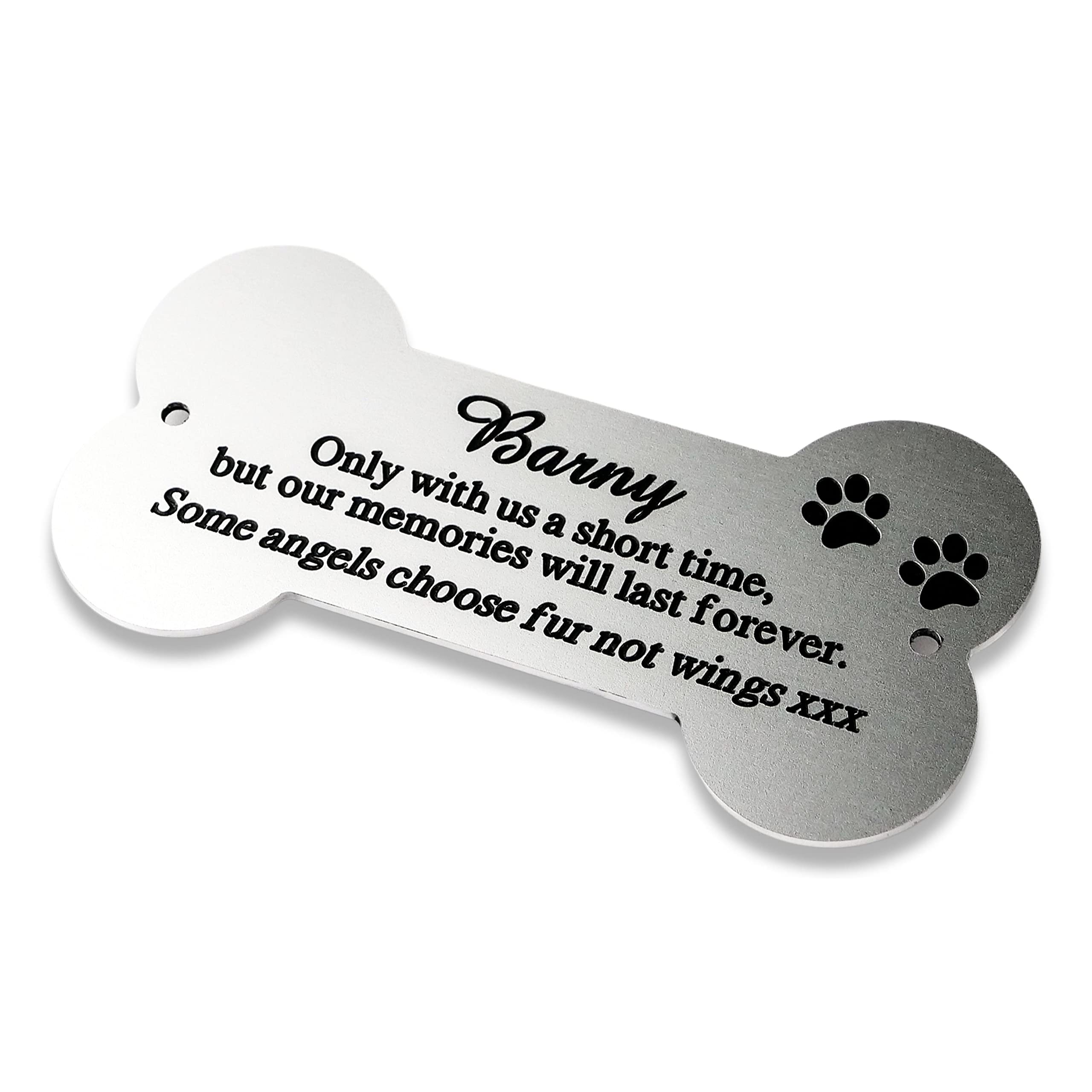 Engraving Studios Bone shaped plaque 6" x 3" satin silver aluminium engraved nameplate. Personalised engraved pet memorial plaque