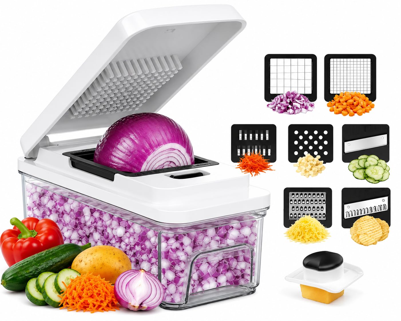 Food Chopper with Container, Veggie Chopper and Vegetable Chopper with 7 Stainless Steel Blades, Onion Chopper Dicer Cutter for Potato, Carrot, Garlic, Cubumber, Salad Meal Prep: Home & Kitchen