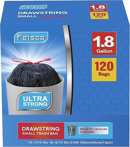 Miniatura 2 de Feisco Bolsa de basura negra de 1.8 galones, bolsa de basura con cordón pequeño, 120 unidades, 0.51 mil