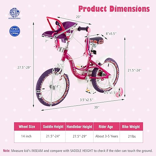 Miniatura 8 de BABY JOY Bicicleta para niños, bicicleta de 14, 16 y 18 pulgadas, con ruedas de entrenamiento extraíbles, asiento ajustable, marco de acero y freno,