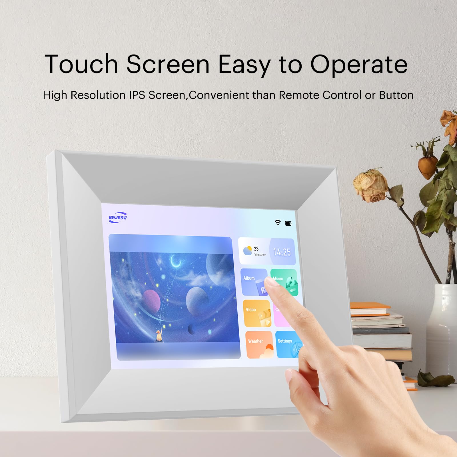 Marco Digital de 8 Pulgadas con WiFi, Smart Cloud, Marcos electrónicos de Madera, HD IPS, Pantalla táctil de 1280 x 800, 16 GB de Memoria, rotación automática, Compartir Fotos y vídeos con la