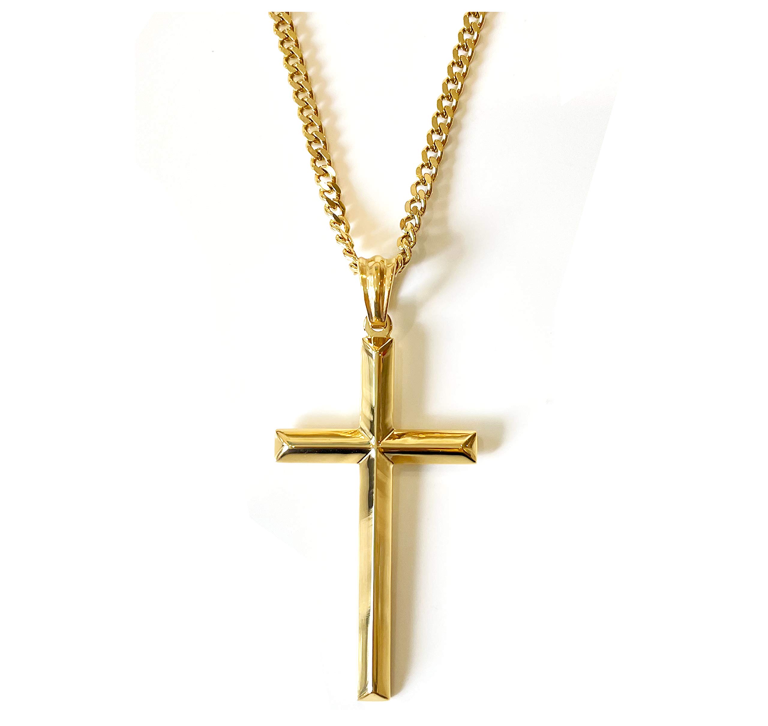 RIVETING JEWELRY 18K Gold Chain Style Cross Pendant Necklace Solid Clasp for Men, Husband Thin for Charms Miami Cuban Link Diamond Cut Religious Beveled Edge