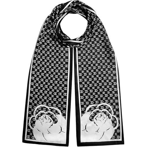 Relang Satin Scarf Mulberry Silk Printed Head Wrap Hair Band 7"" x 59"" Black 02