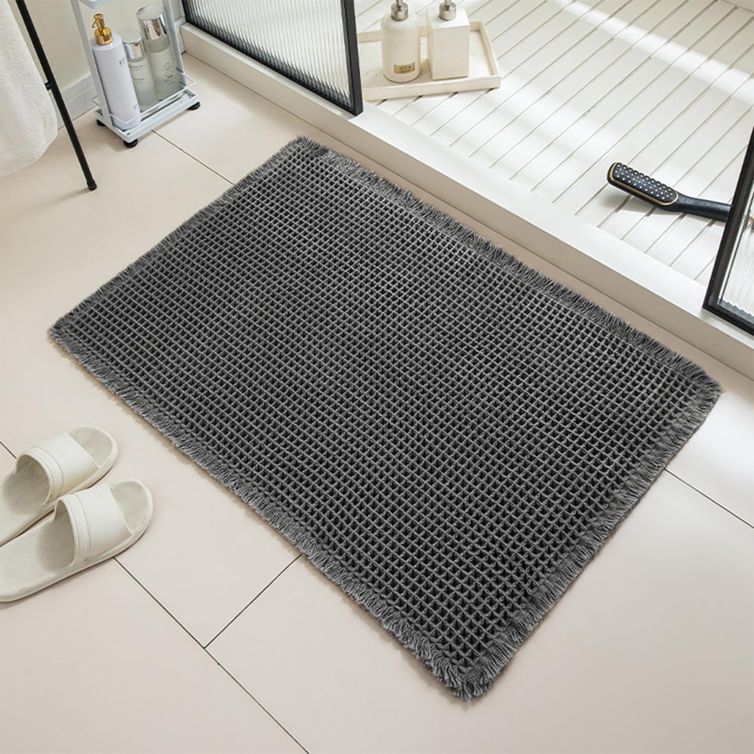 Wlian Waffle Bath Mat – Soft Absorbent Bathroom Rug, Quick Dry & Non Slip, Anti-Mould Bathmat, DarkGrey, 50x120 cm
