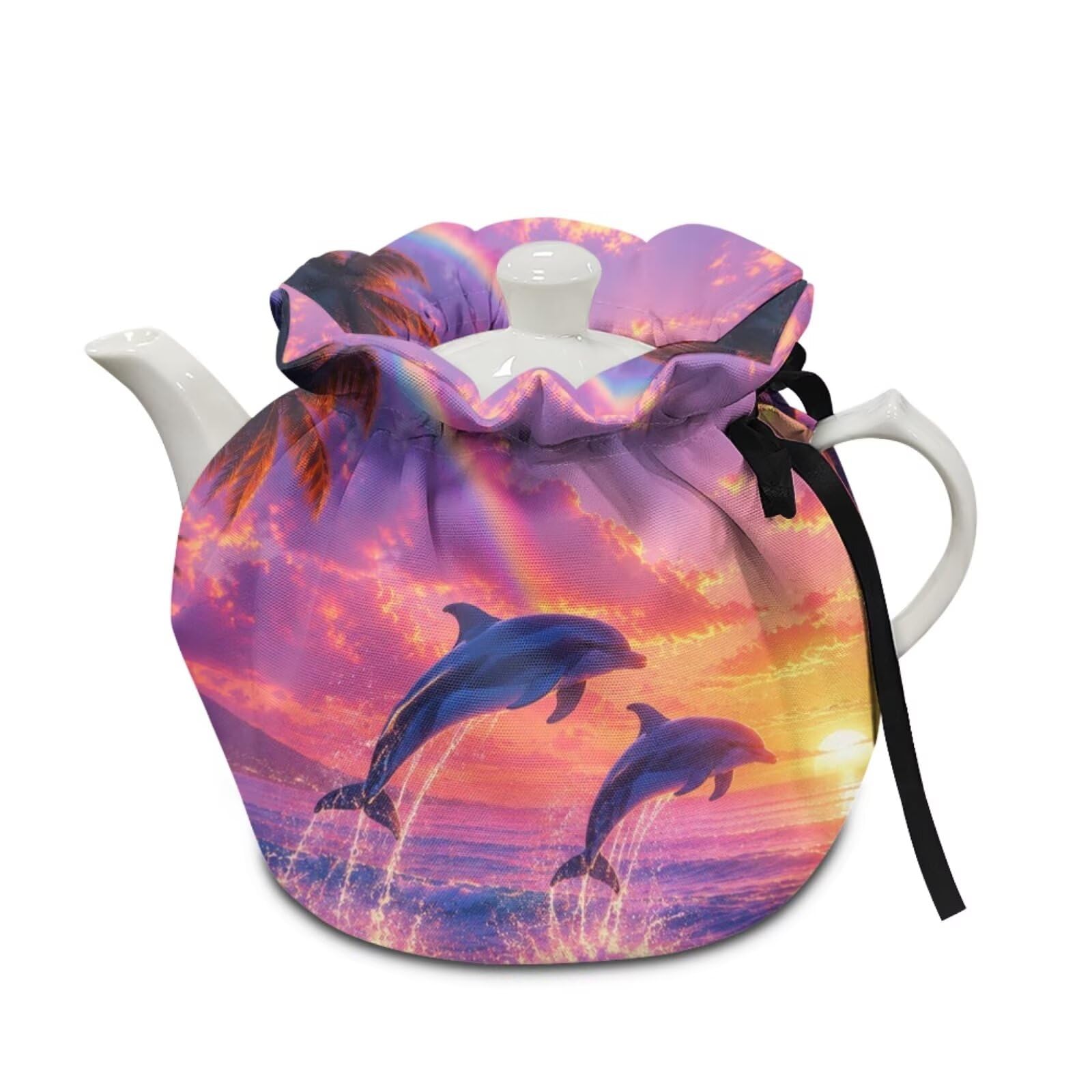 Tea Cosy for Teapot Insulated Dolphin Printed Portable Kettle Cover Tea Pot Cozy Cover with Drawstring Breakfast Warmer 6.1x6.1x6.9 Inch