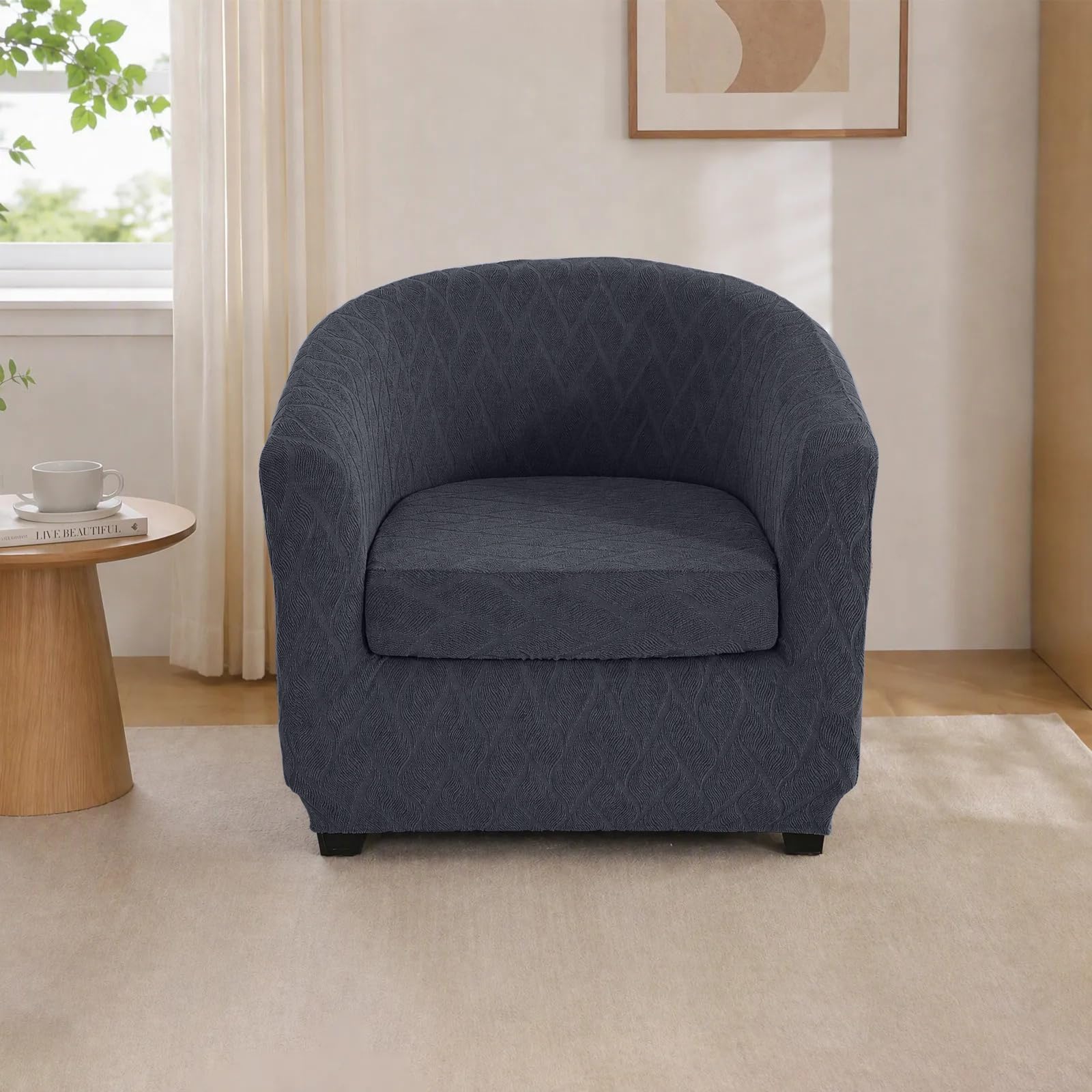 LiveGo Club Chair Slipcover 2 Piece Stretch Printed Round Barrel Chair Covers Removable Tub Chair Slipcover with Elastic Bottom Chair Coverings Furniture Protector Cover for Living Room(Dark gray F)