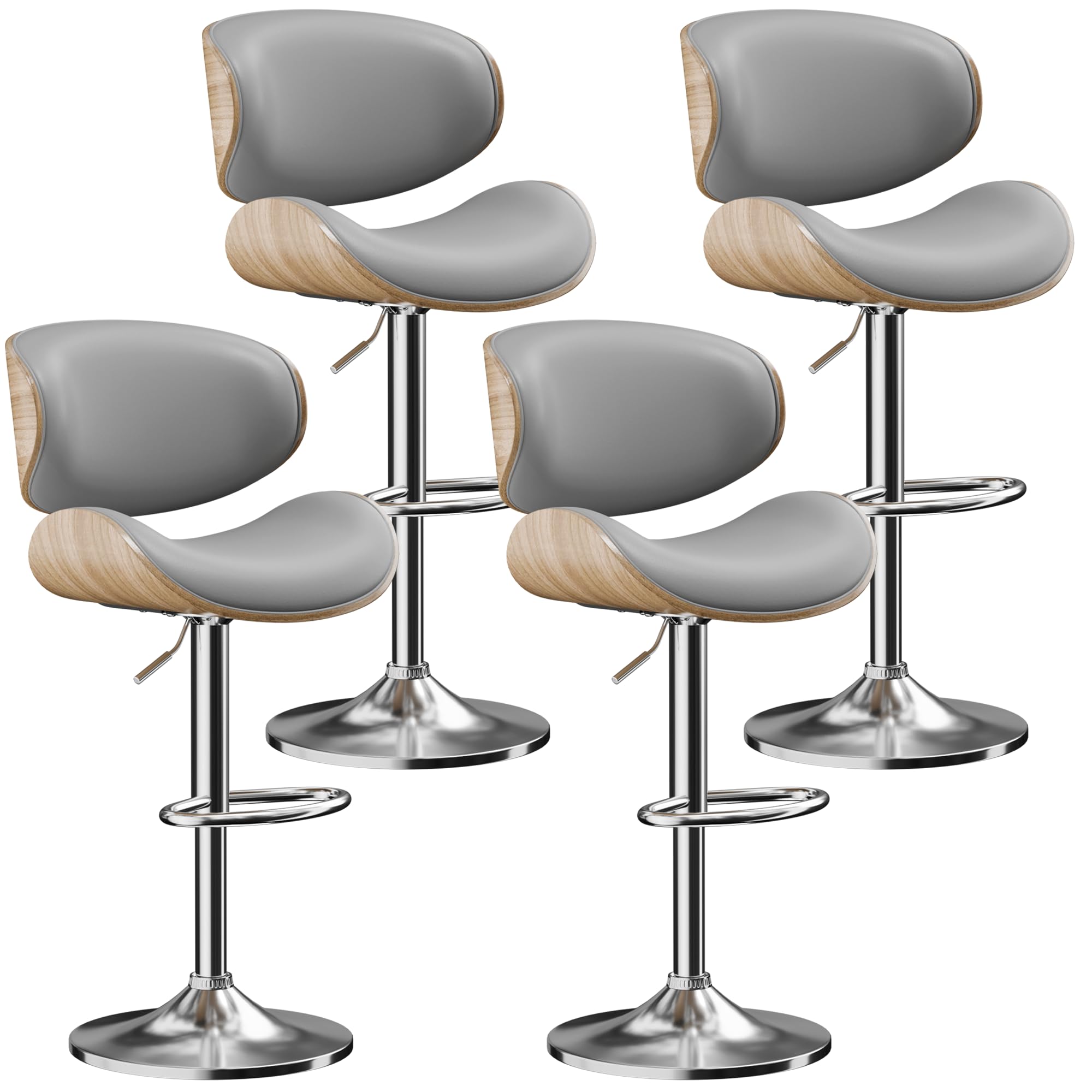 Aowos Bar Stools Set of 4, Adjustable Swivel Leather Bar Stools for Kitchen Island, Mid Century Modern Counter Height Bar Chairs Barstools with Back &