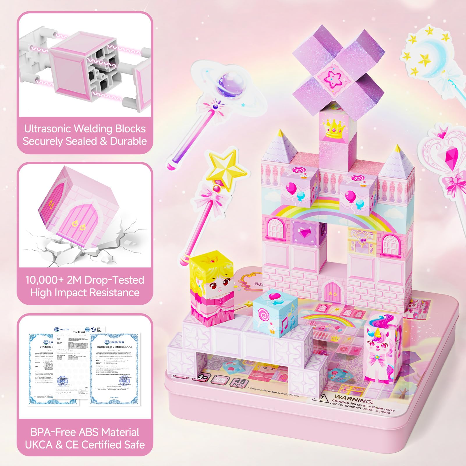 burgkidz 48-teiliges Einhorn-Magnetbausteine-Set – 2 cm Magnetwürfel mit Zauberstäben & Reiseblechdose – 30s Aufräumen für Zug, Flugzeug & Camping – Prinzessinnen-Geschenk für Mädchen ab 3 Jahren